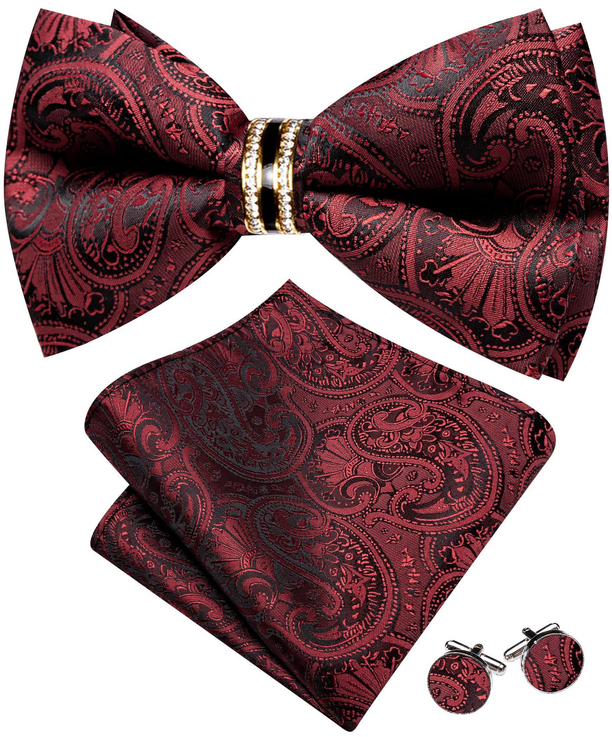 YOHOWA Bow Tie Set Men Paisley Pre-tied Silk Bowties with Gold Drilled Ring
