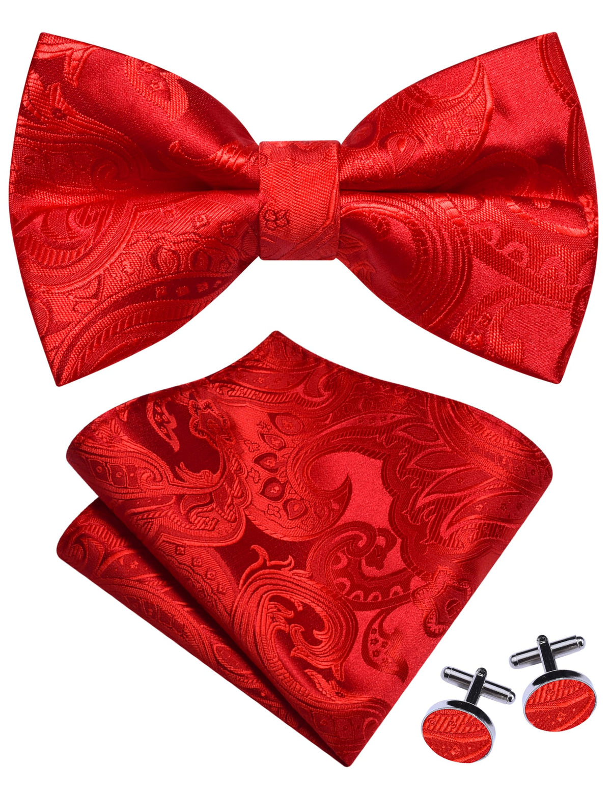 GUSLESON Mens Paisley Pre-Tied Bow Tie Handkerchief Jacquard Woven Adjustable Bowties Pocket Square Cufflinks Set