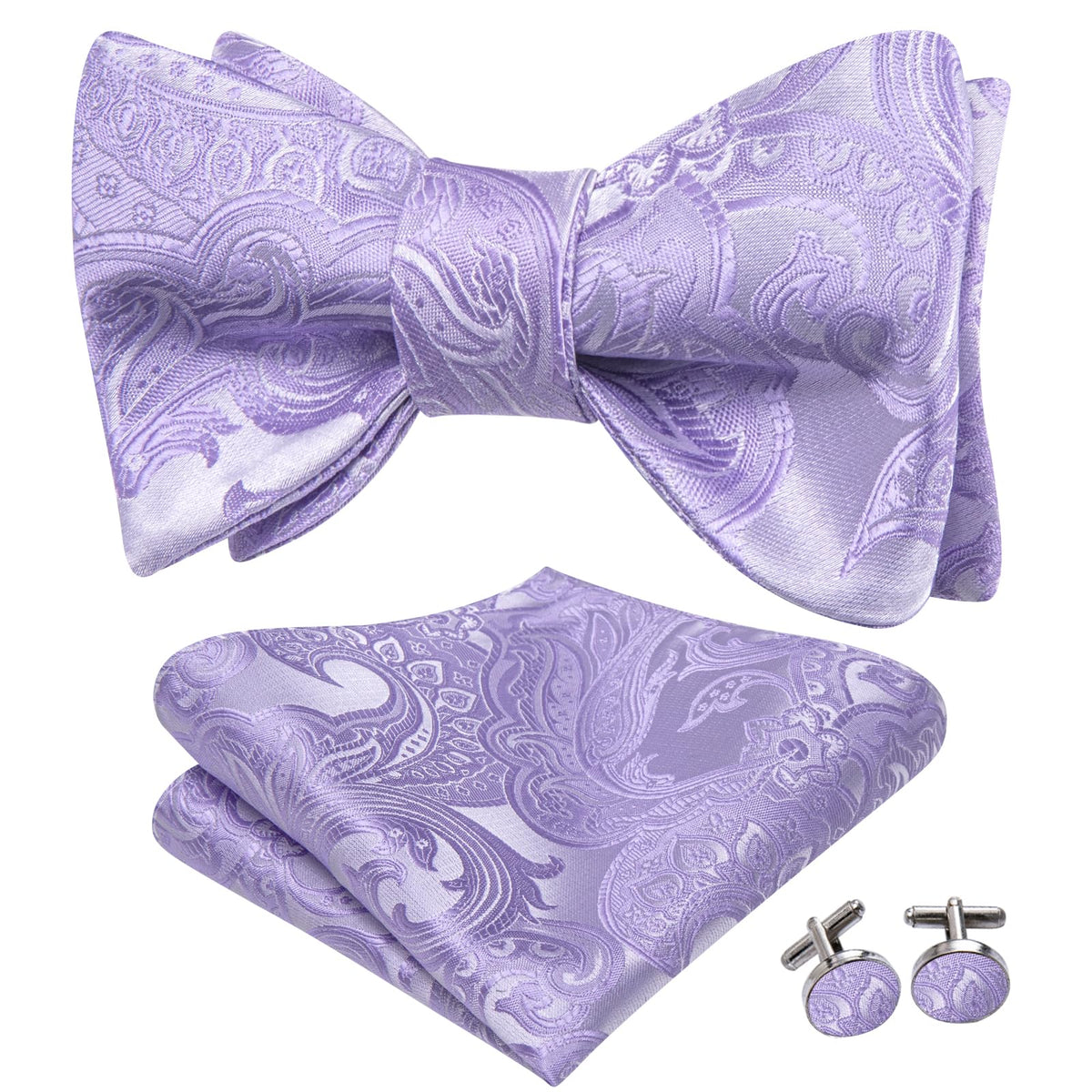Hi-Tie Men's Silk Self-Tied Bow Tie with Pocket Square Cufflinks Set