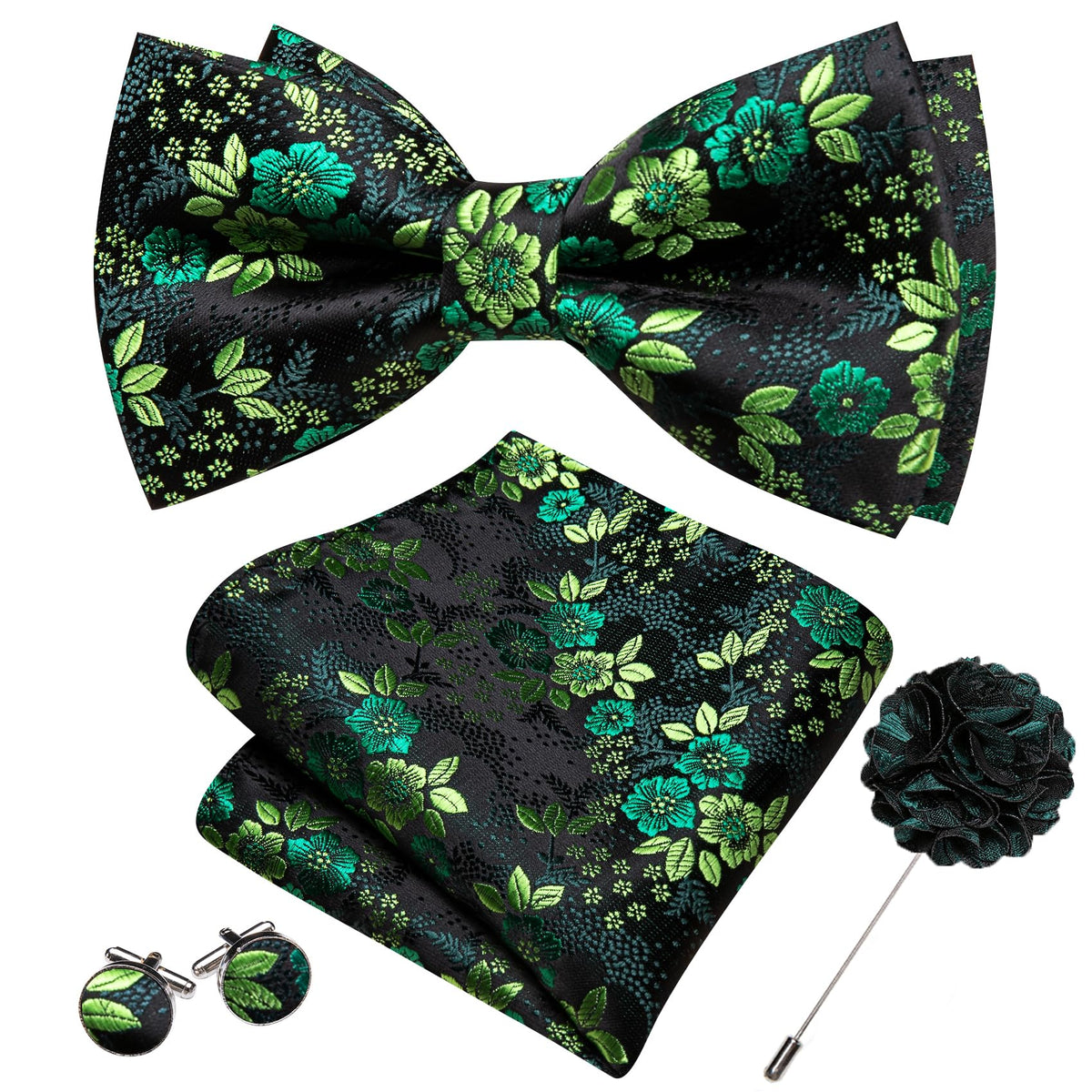 Barry.Wang Mens Bow Ties Floral Silk Pre-Tied Bowtie Pocket Square Set