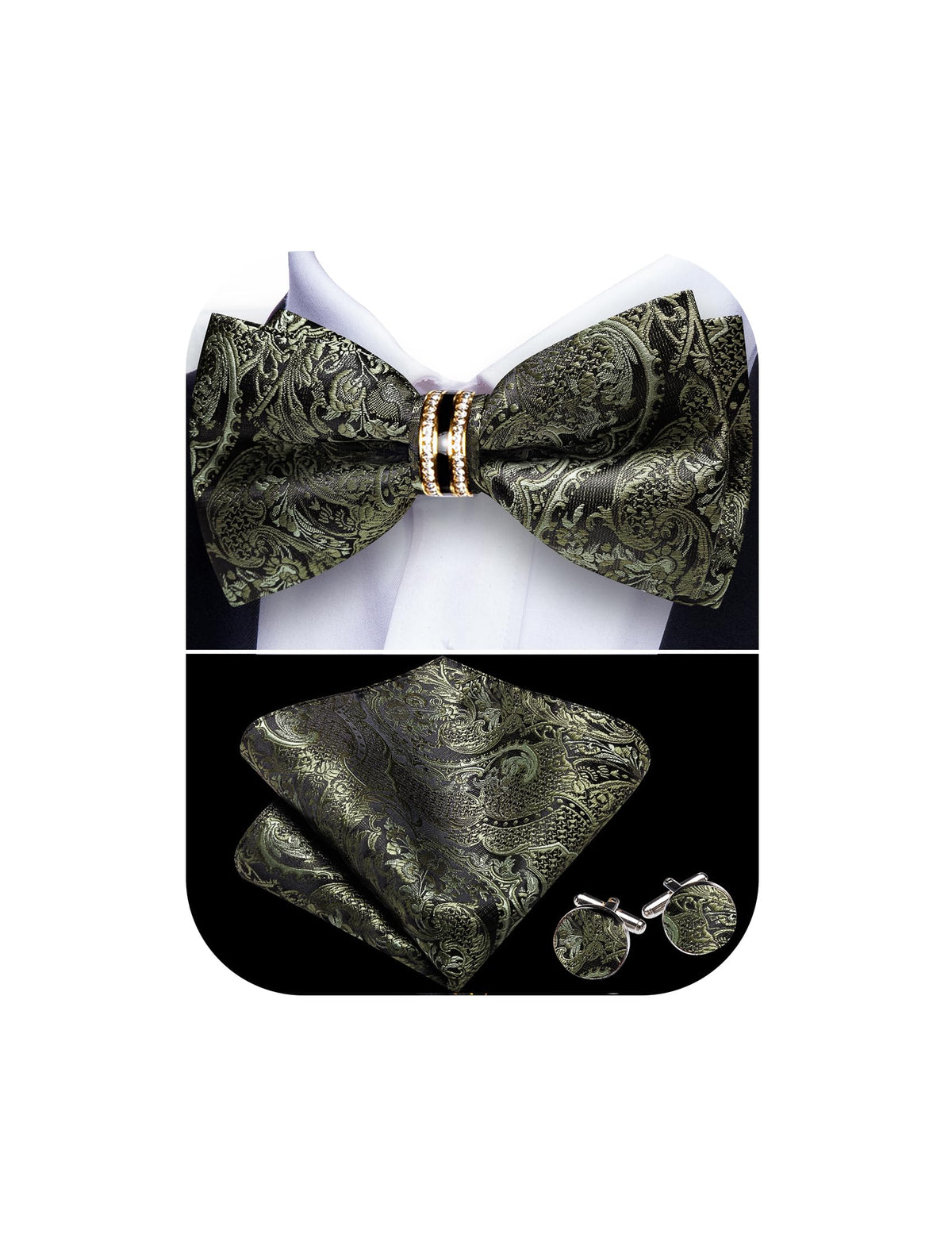 YOHOWA Bow Tie Set Men Paisley Pre-tied Silk Bowties with Gold Drilled Ring