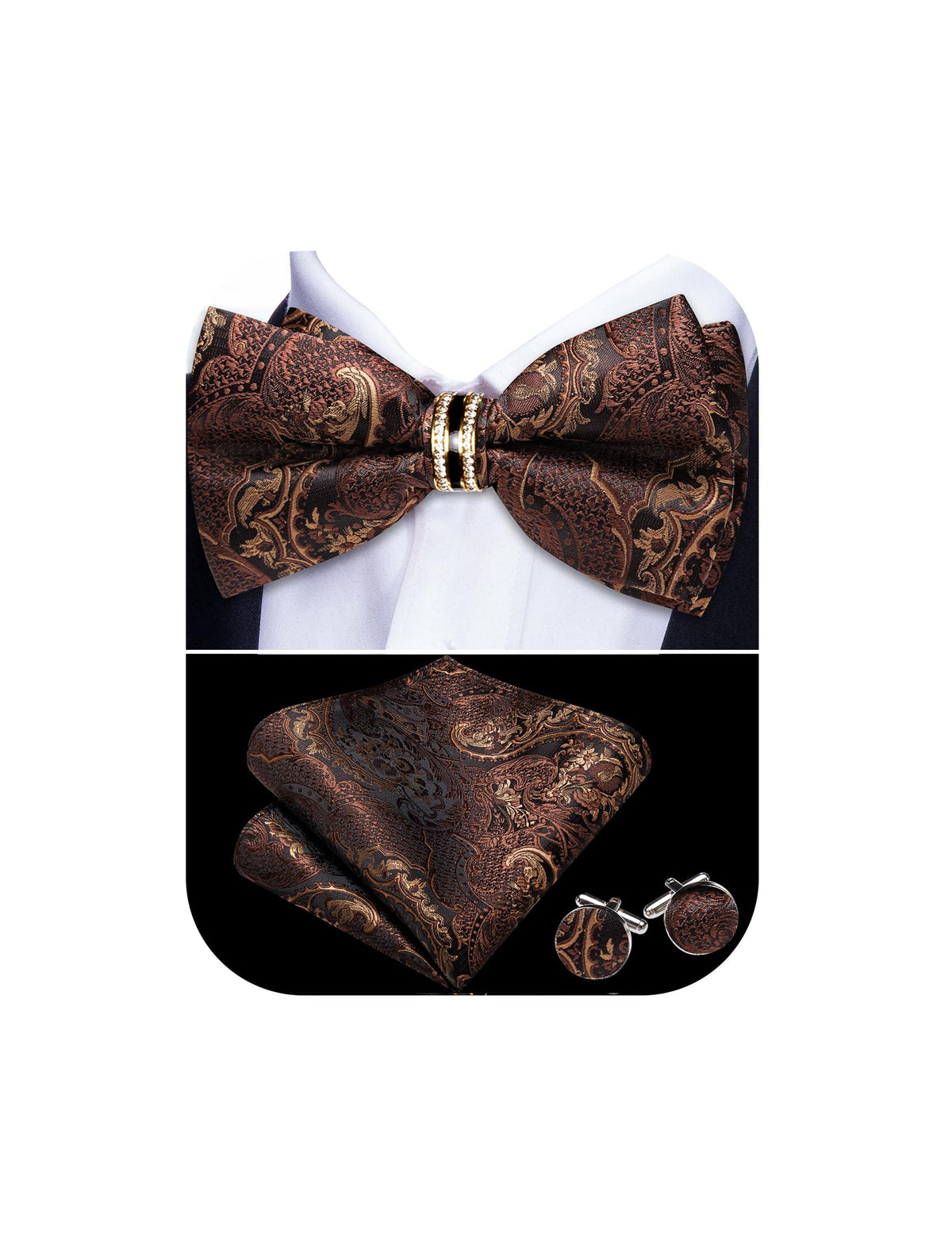 YOHOWA Bow Tie Set Men Paisley Pre-tied Silk Bowties with Gold Drilled Ring
