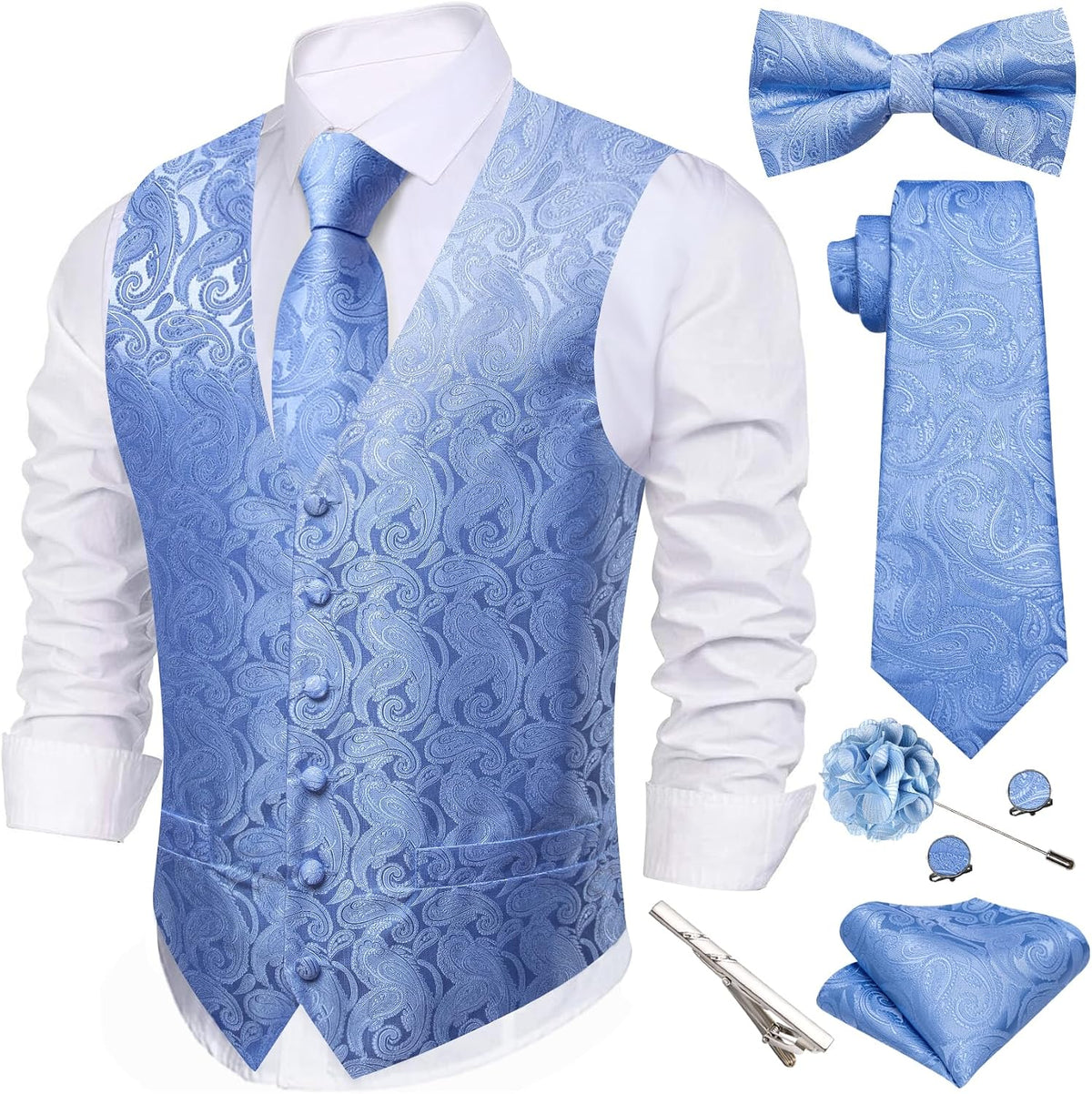 Barry.Wang Men's Suit Vest Tie Bowtie Hanky Cufflinks Clip Brooch 7PCS