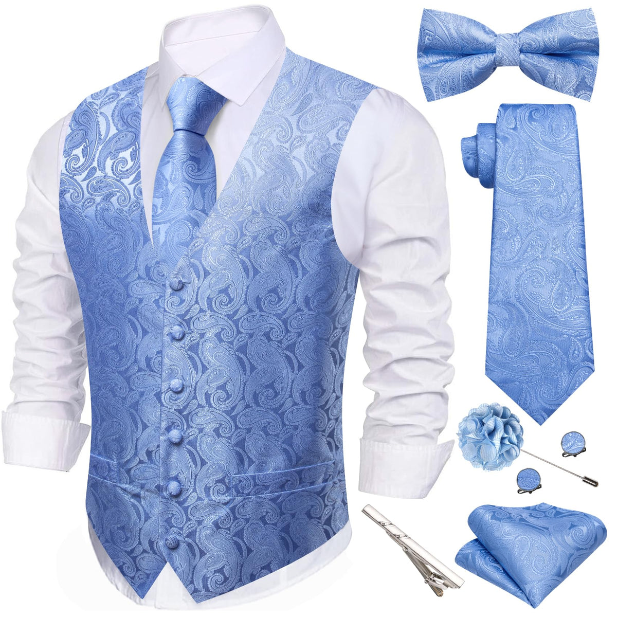 Barry.Wang Men's Suit Vest Tie Bowtie Hanky Cufflinks Clip Brooch 7PCS