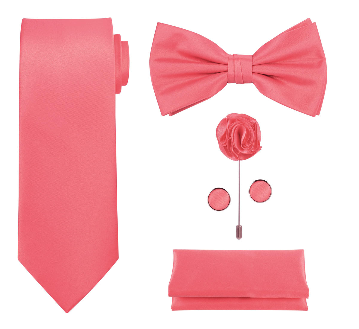 TIE G 5pcs Tie Set in WHITE OR BLACK GIFT BOX: Solid Color Necktie, Satin Bow Tie, Pocket Square, Lapel, Cuff Links