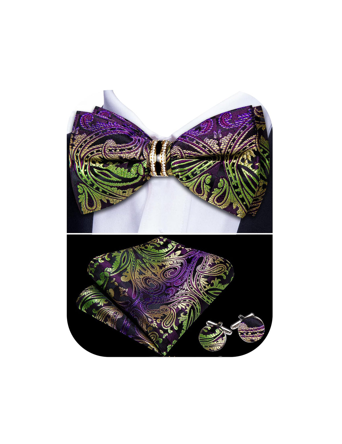 YOHOWA Bow Tie Set Men Paisley Pre-tied Silk Bowties with Gold Drilled Ring
