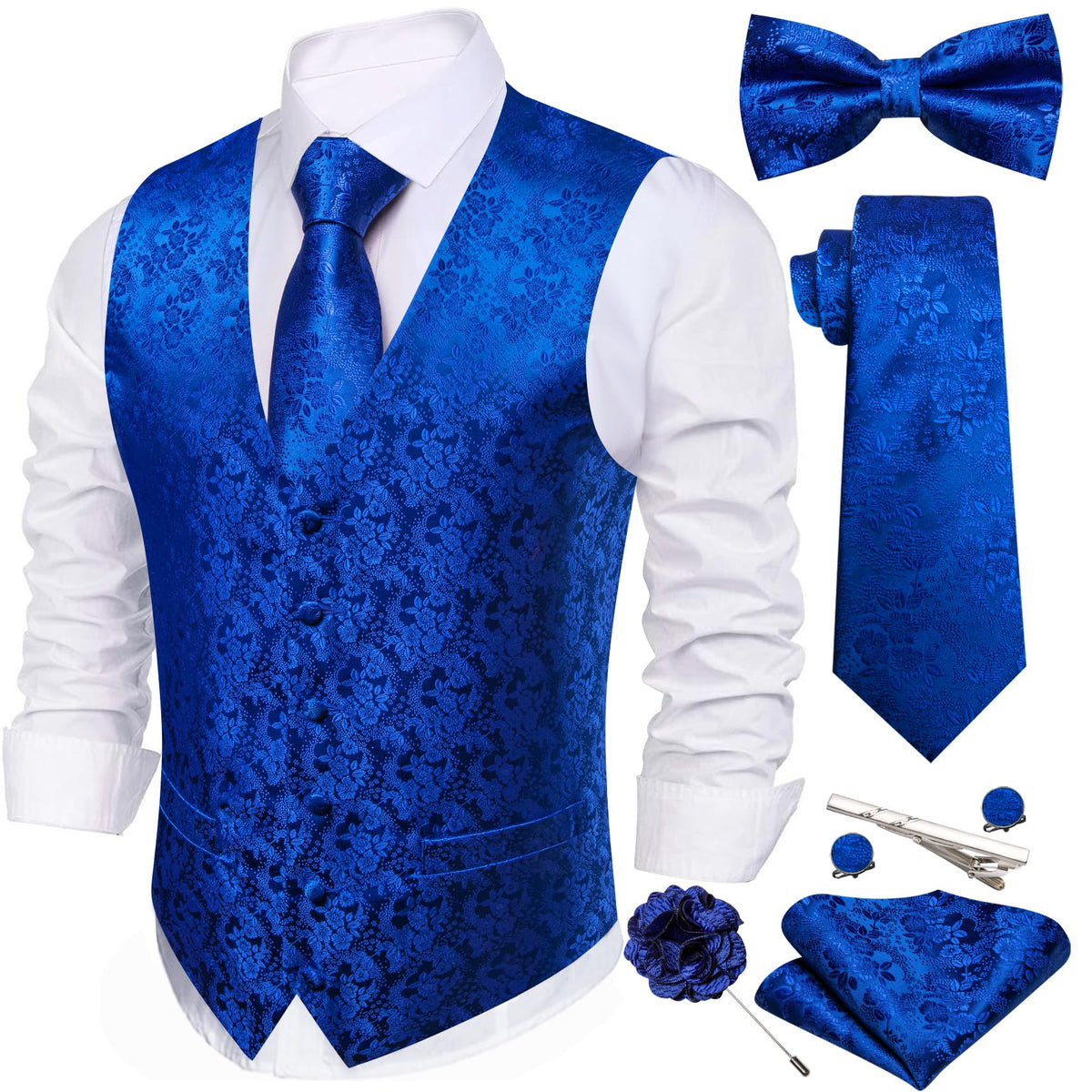 Barry.Wang Men's Suit Vest Tie Bowtie Hanky Cufflinks Clip Brooch 7PCS