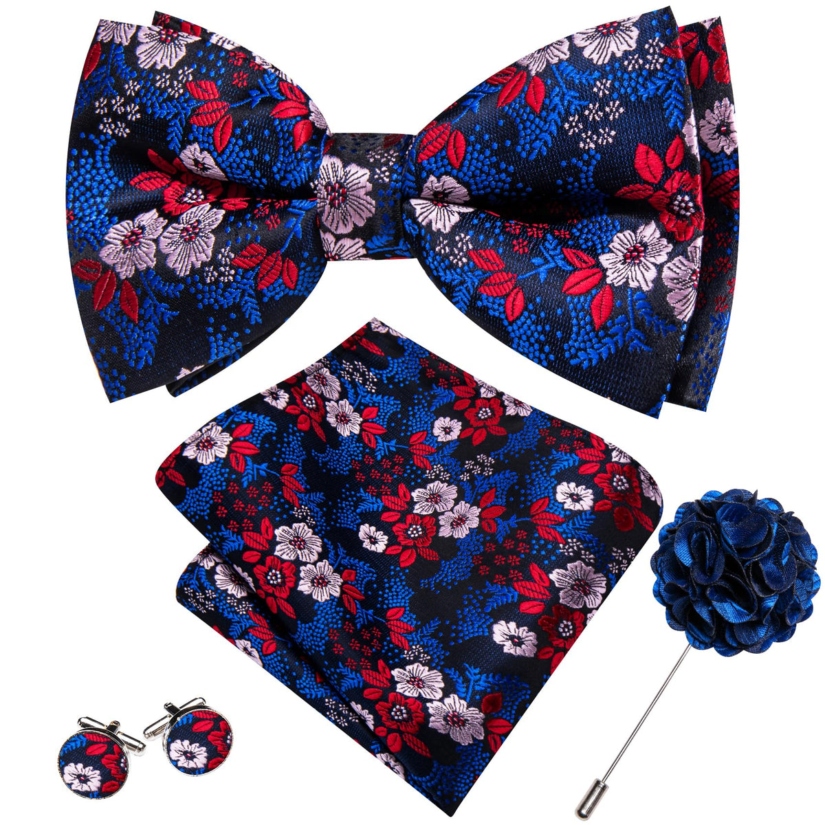 Barry.Wang Mens Bow Ties Floral Silk Pre-Tied Bowtie Pocket Square Set