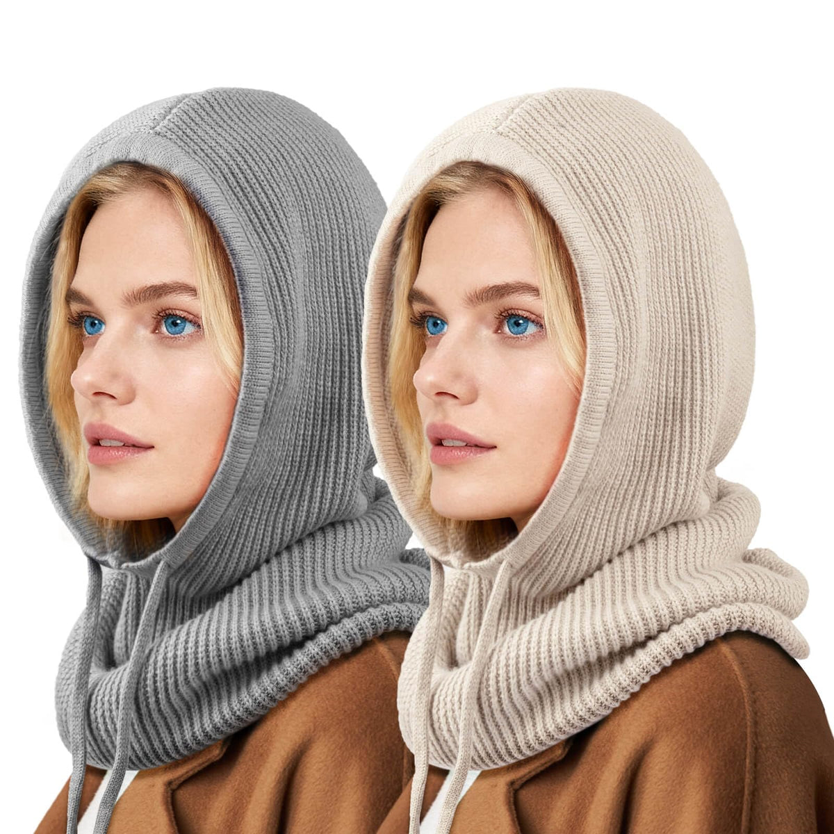 Hooded Scarf Hat Knit Balaclava Women Beanie Skull Cap with Drawstring Warm Winter Hats for Women Men Outdoor Sports