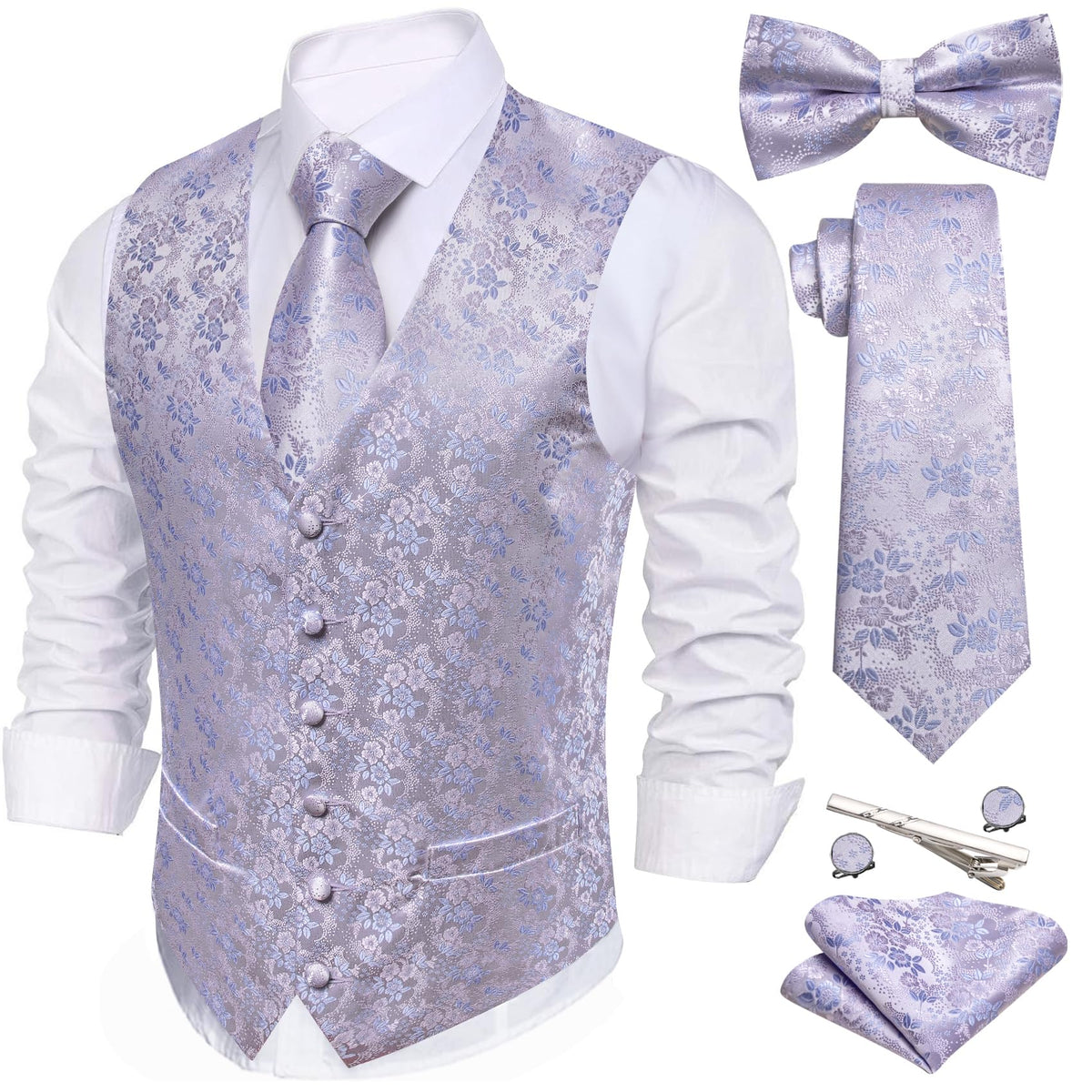 Barry.Wang Men's Suit Vest Tie Bowtie Hanky Cufflinks Clip Brooch 7PCS