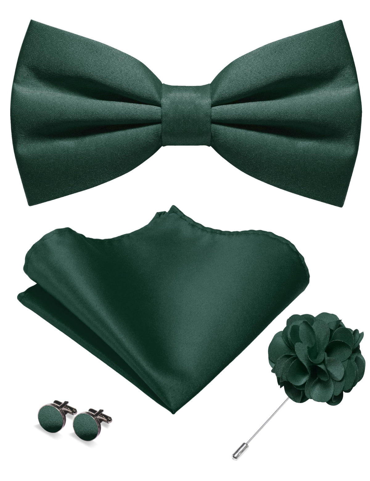 JEMYGINS Solid Color Pre-tied Bow Tie and Pocket Square Cufflinks Lapel Pin Sets for Men 4PCS