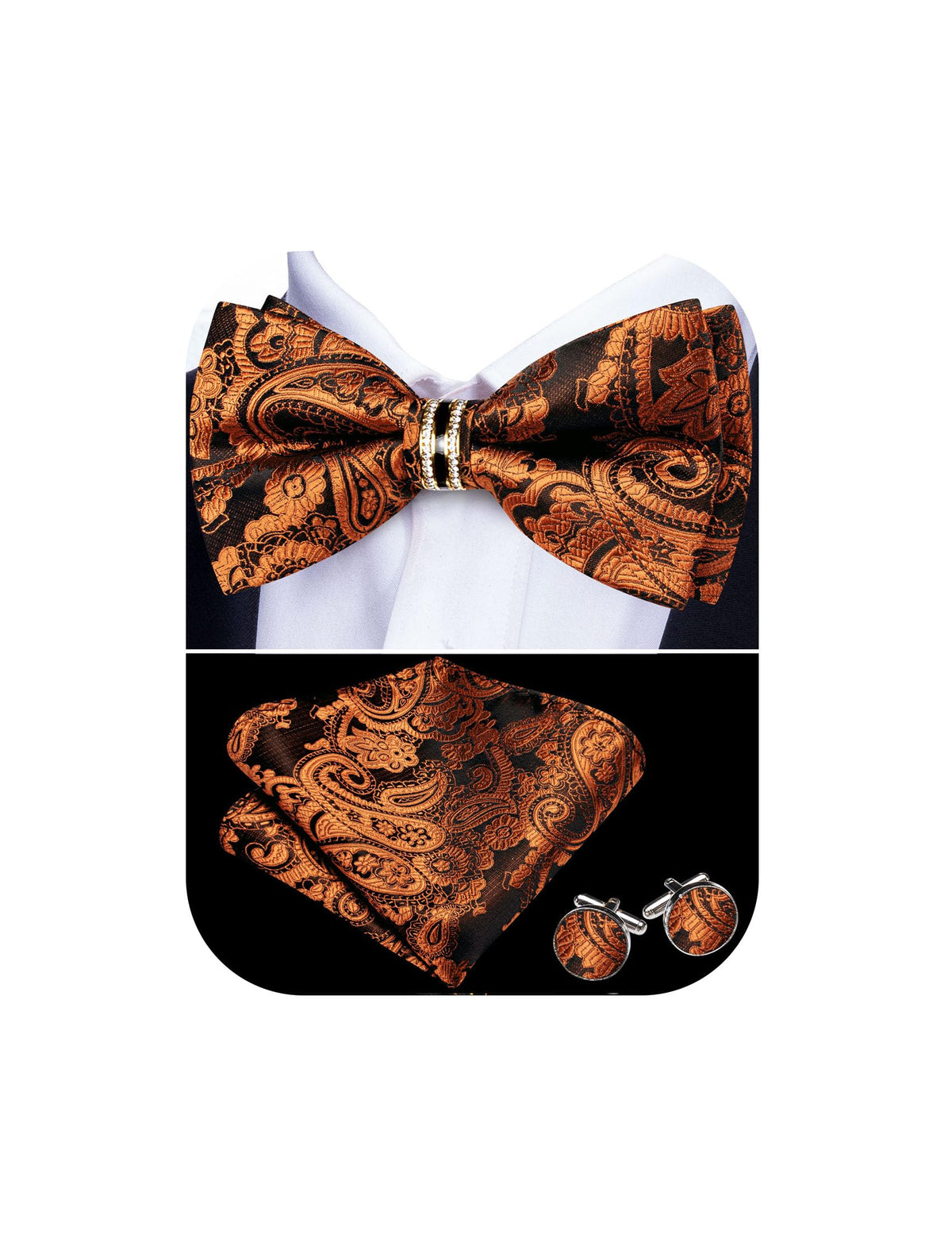 YOHOWA Bow Tie Set Men Paisley Pre-tied Silk Bowties with Gold Drilled Ring
