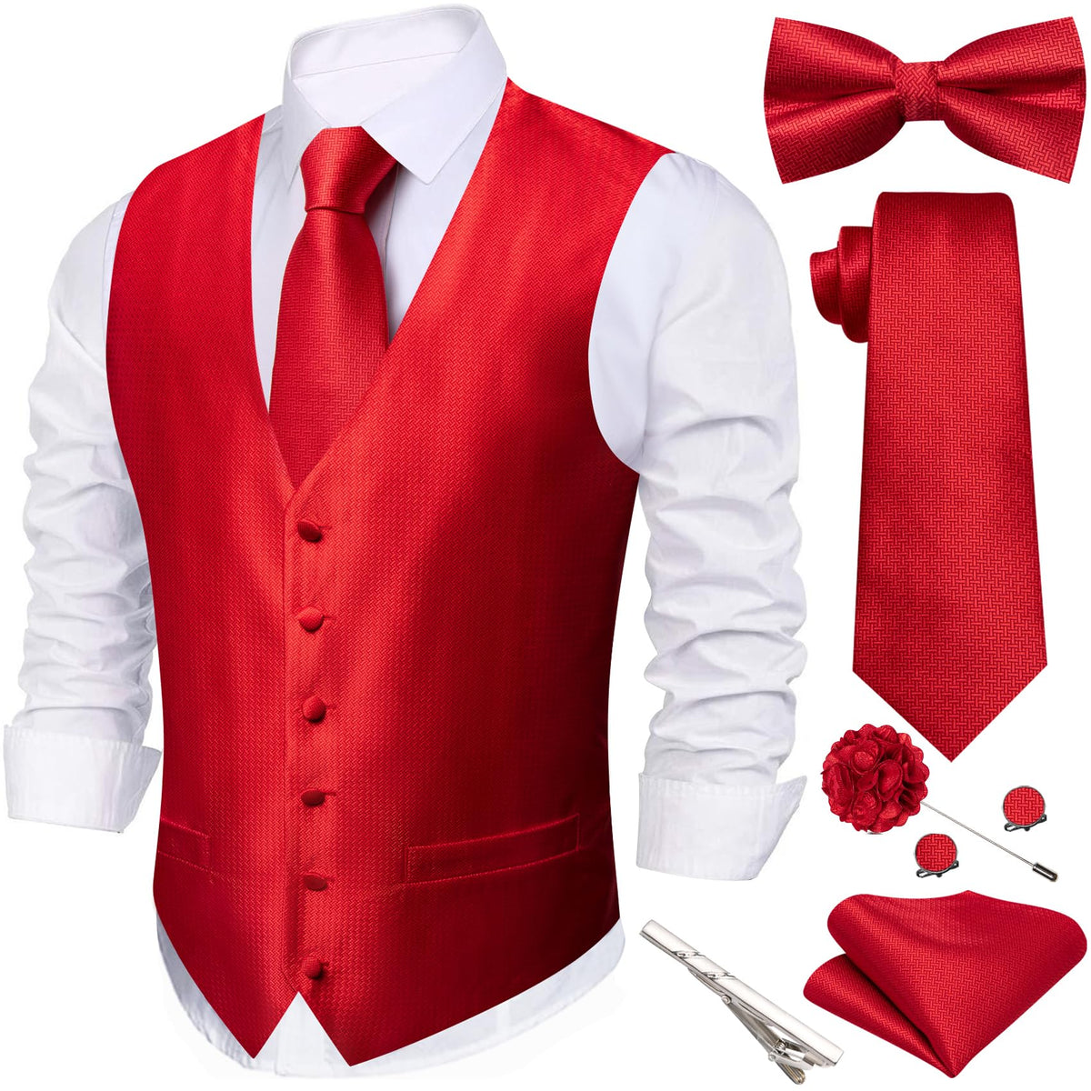 Barry.Wang Men's Suit Vest Tie Bowtie Hanky Cufflinks Clip Brooch 7PCS