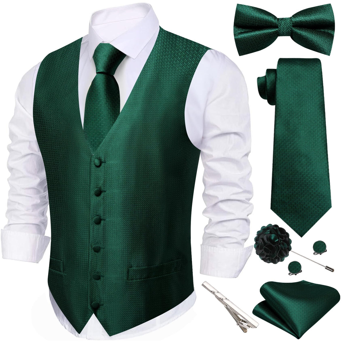 Barry.Wang Men's Suit Vest Tie Bowtie Hanky Cufflinks Clip Brooch 7PCS