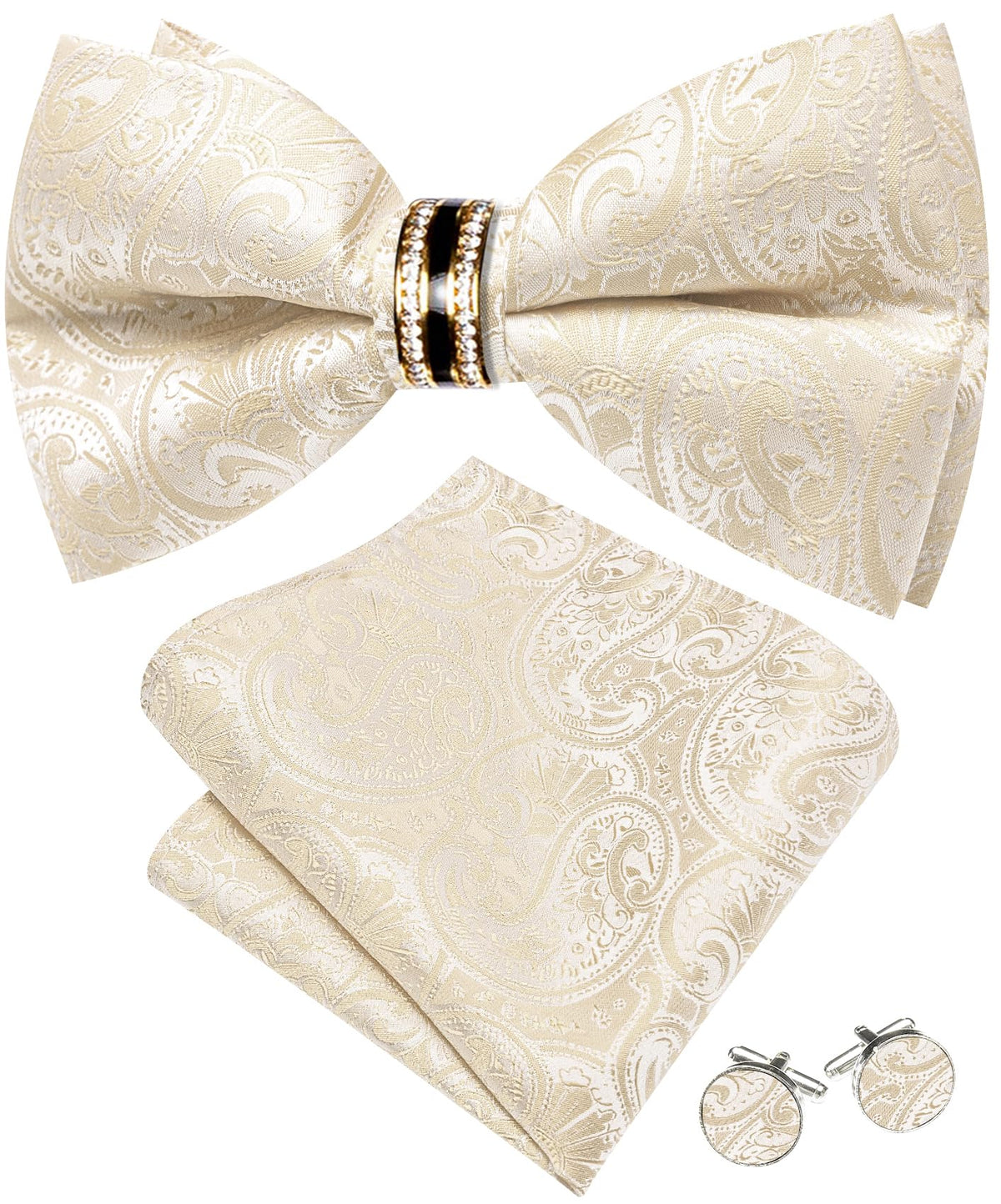 YOHOWA Bow Tie Set Men Paisley Pre-tied Silk Bowties with Gold Drilled Ring