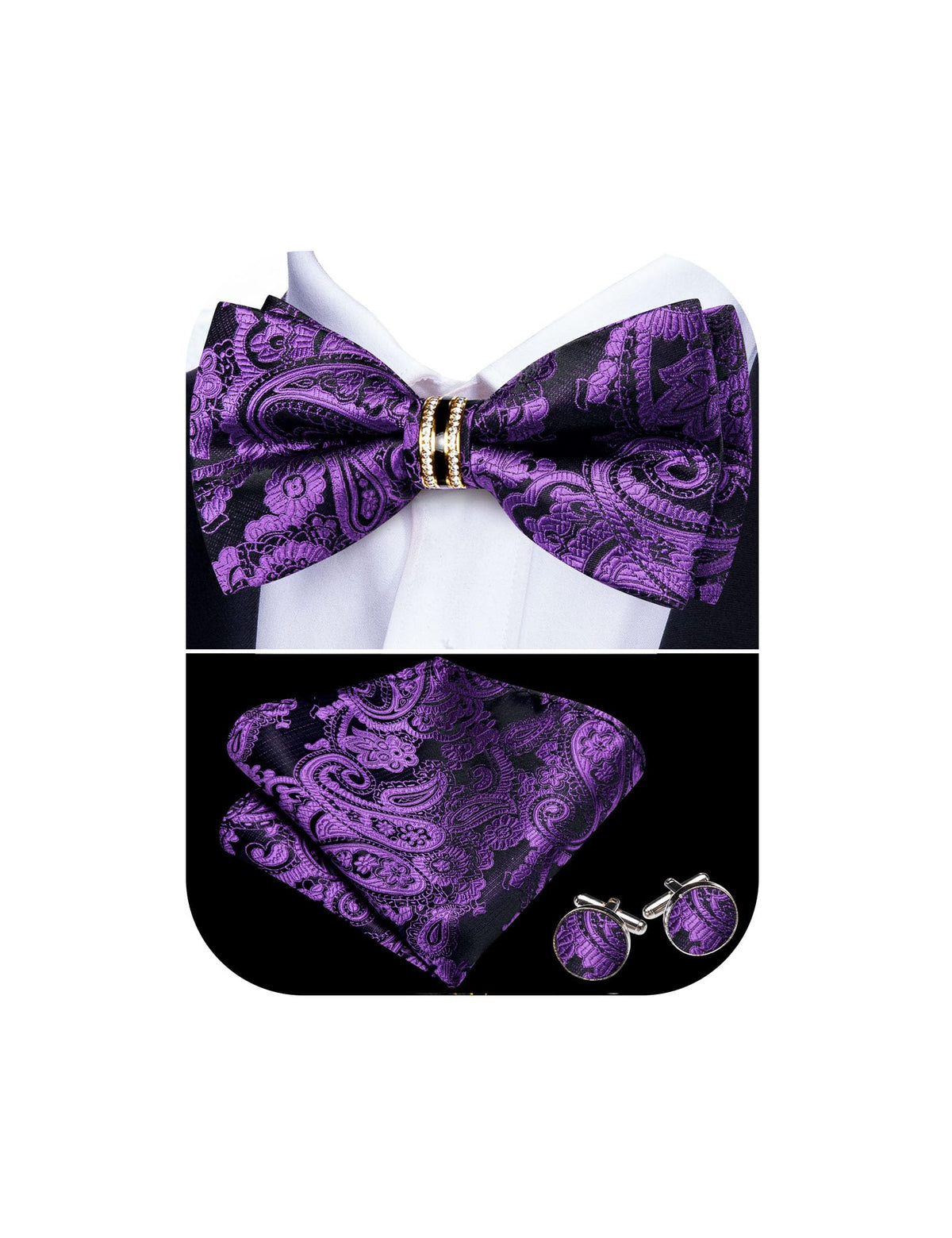 YOHOWA Bow Tie Set Men Paisley Pre-tied Silk Bowties with Gold Drilled Ring