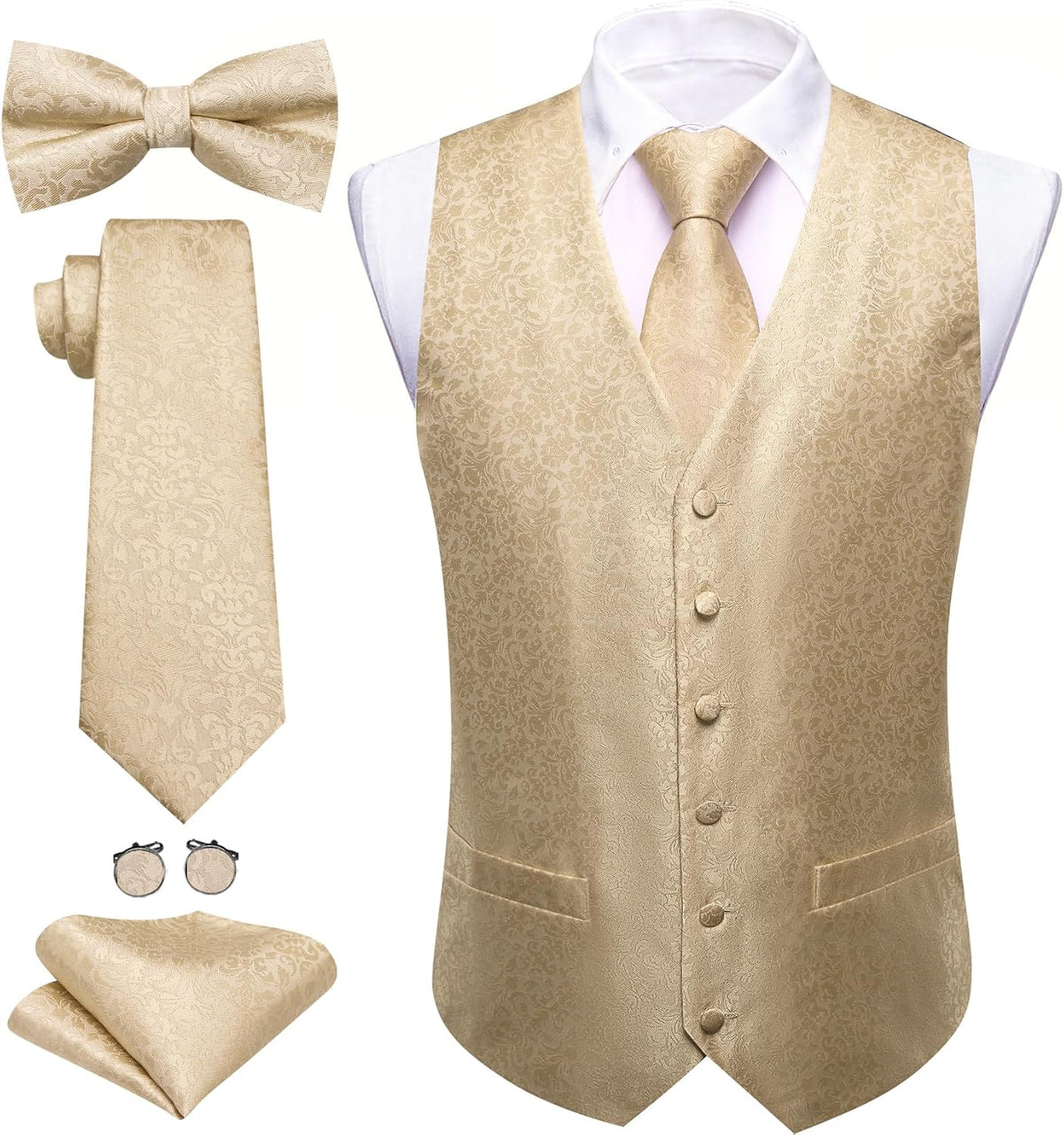 Barry.Wang Men's Suit Vest Tie Bowtie Hanky Cufflinks Clip Brooch 7PCS