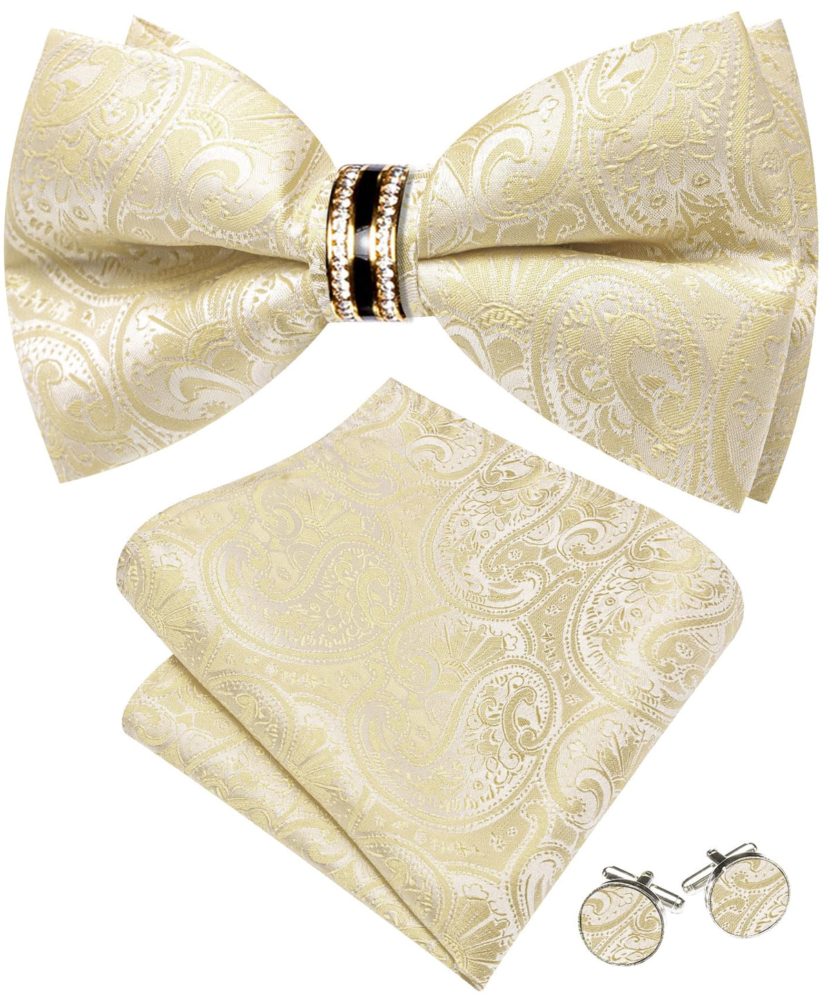 YOHOWA Bow Tie Set Men Paisley Pre-tied Silk Bowties with Gold Drilled Ring