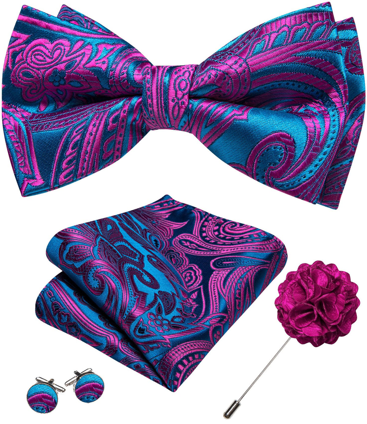 YOHOWA Mens Bow Tie Paisley Coloful Pre-tied Bowties Handkerchief Cufflinks