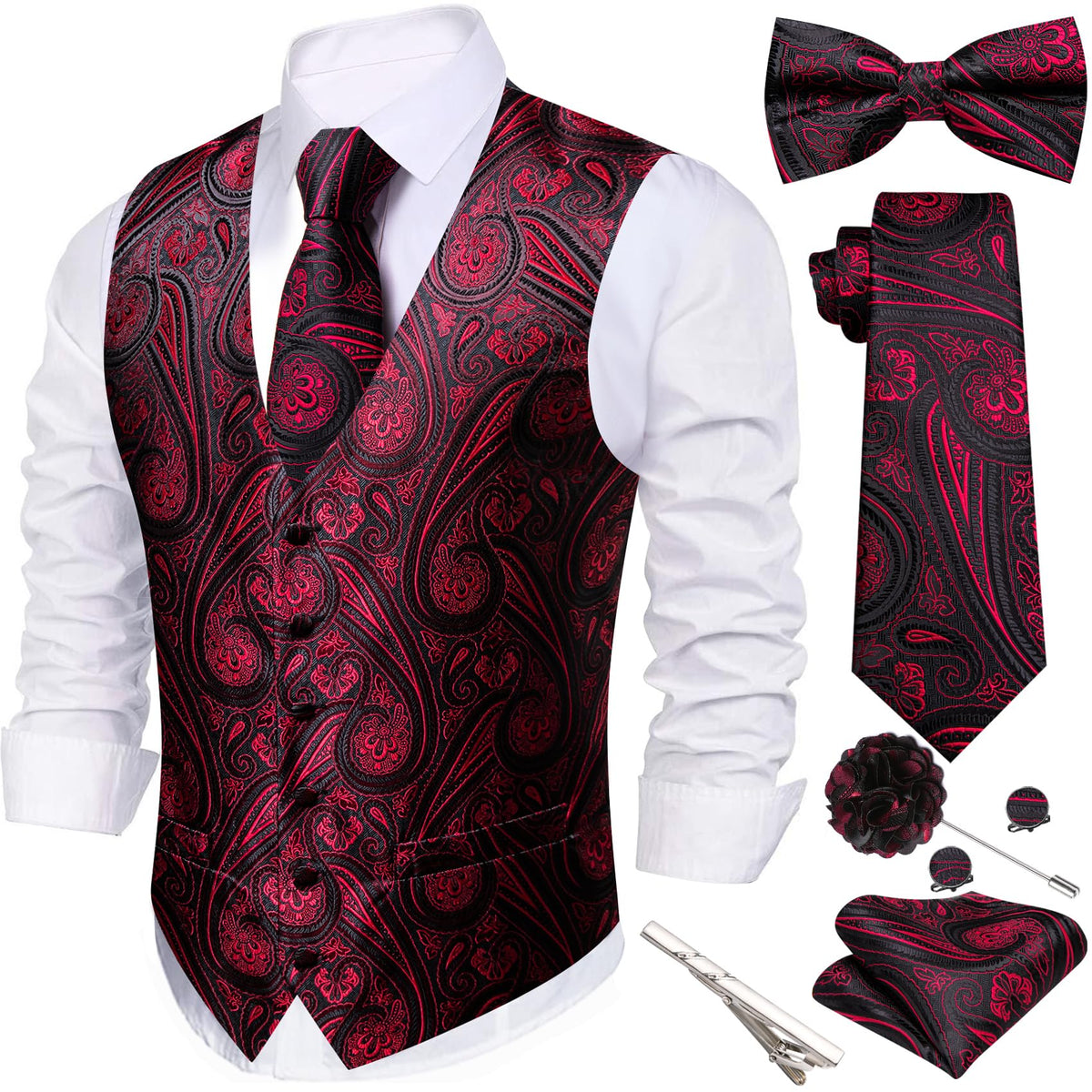Barry.Wang Men's Suit Vest Tie Bowtie Hanky Cufflinks Clip Brooch 7PCS