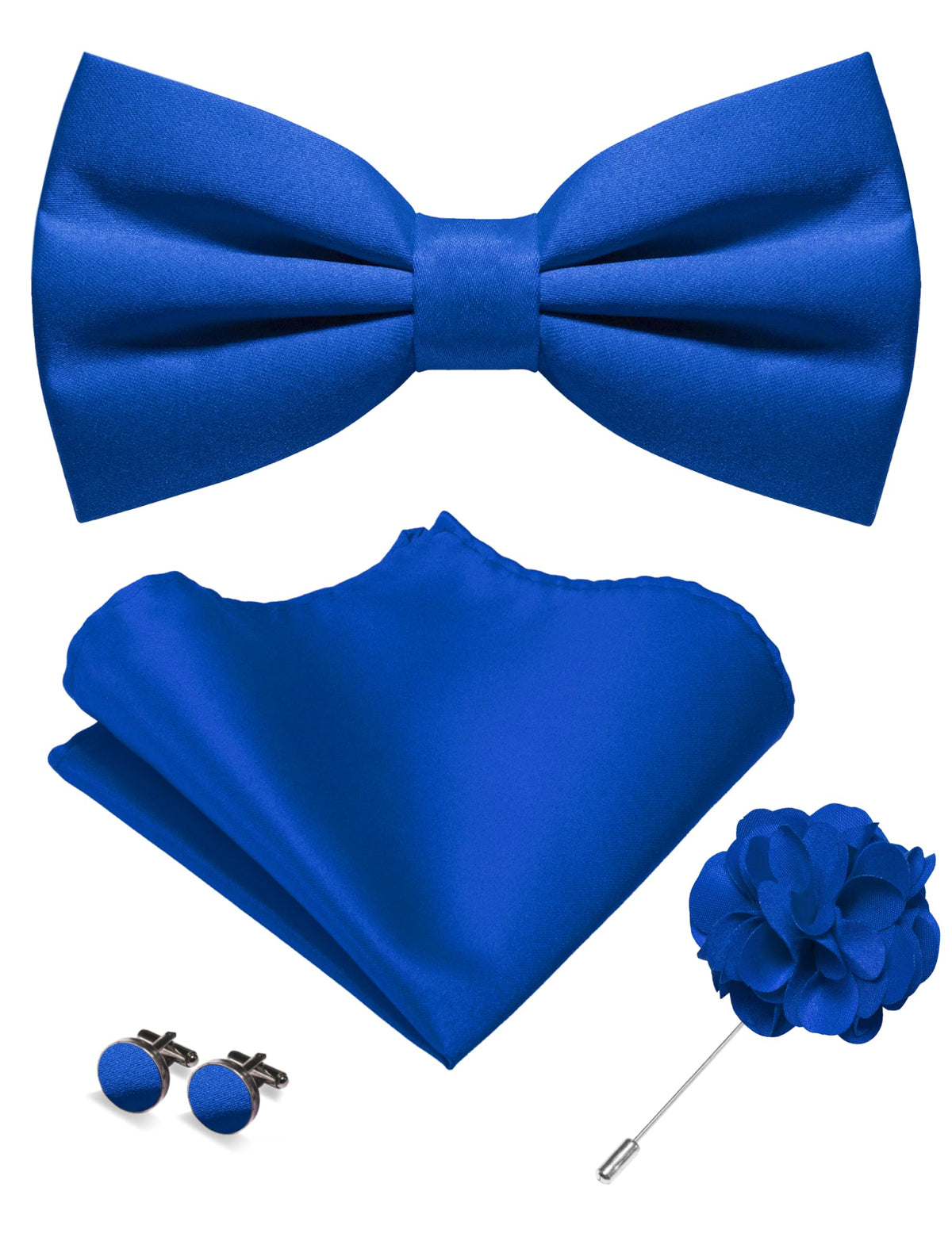 JEMYGINS Solid Color Pre-tied Bow Tie and Pocket Square Cufflinks Lapel Pin Sets for Men 4PCS