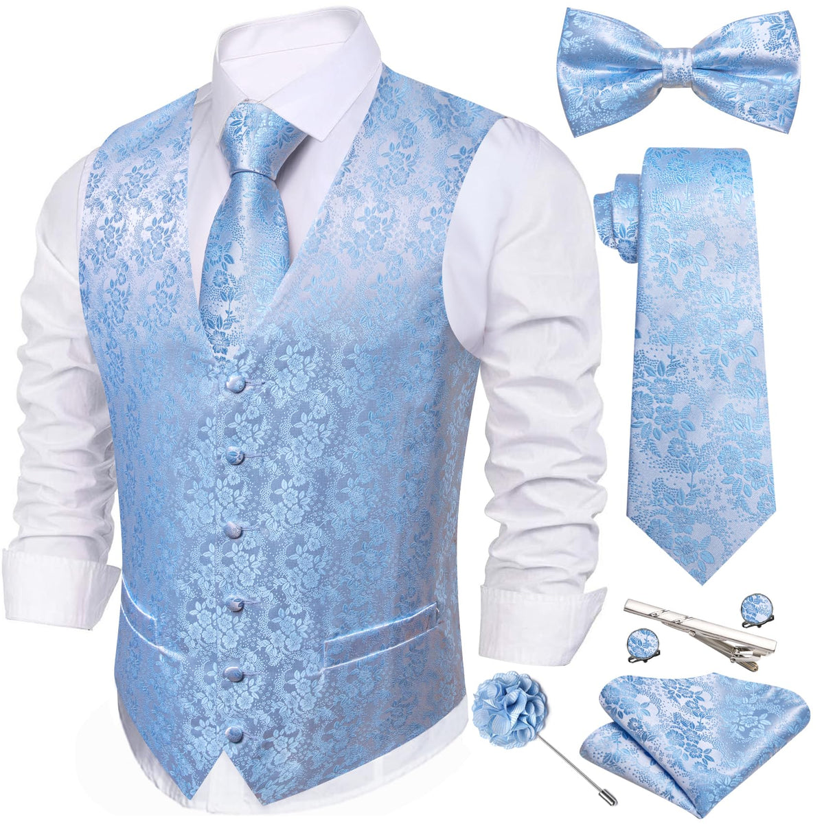 Barry.Wang Men's Suit Vest Tie Bowtie Hanky Cufflinks Clip Brooch 7PCS