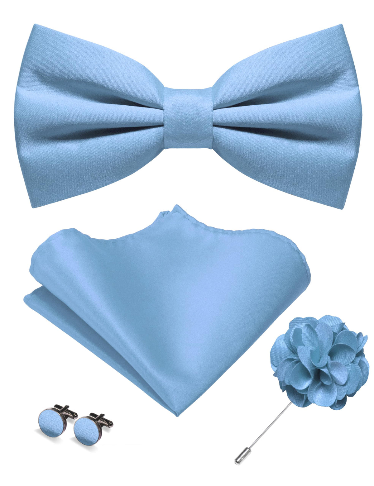 JEMYGINS Solid Color Pre-tied Bow Tie and Pocket Square Cufflinks Lapel Pin Sets for Men 4PCS