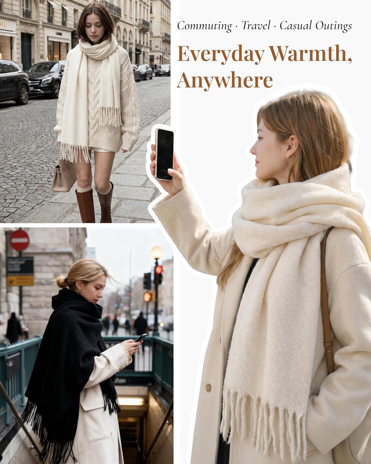 Achillea Warm Cashmere-Feel Winter Scarf for Women, Soft Thick Oversized Shawl Wrap with Fringe for Cold Weather