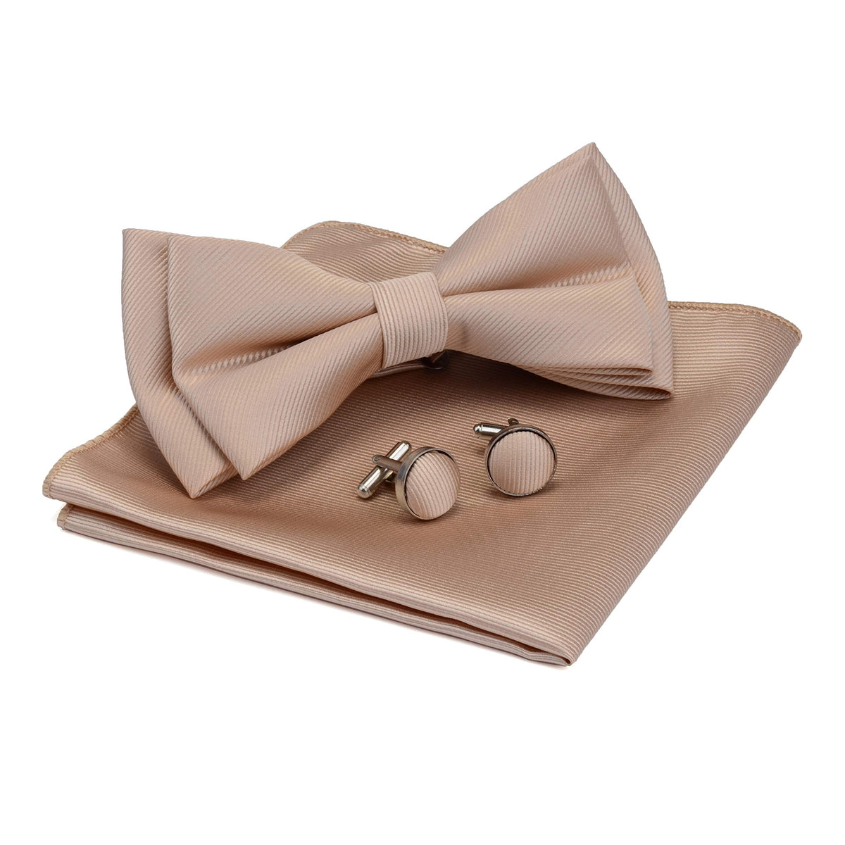GUSLESON Mens Solid Color Two Layer Pre-tied Bow Tie and Pocket Square Cufflink Set with Gift Box