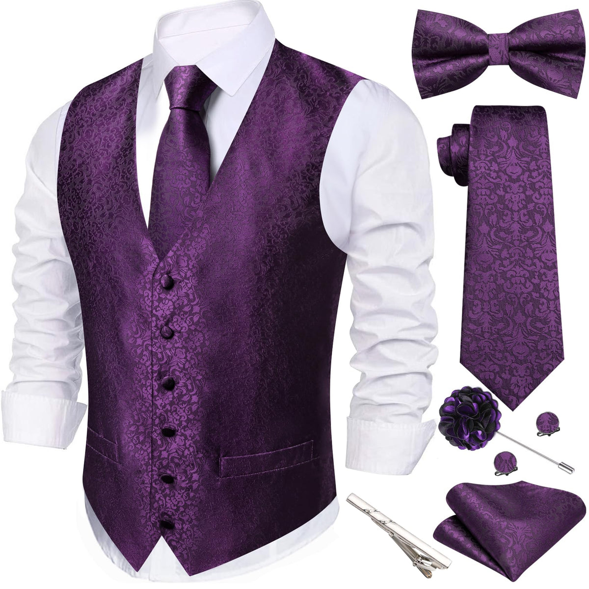 Barry.Wang Men's Suit Vest Tie Bowtie Hanky Cufflinks Clip Brooch 7PCS
