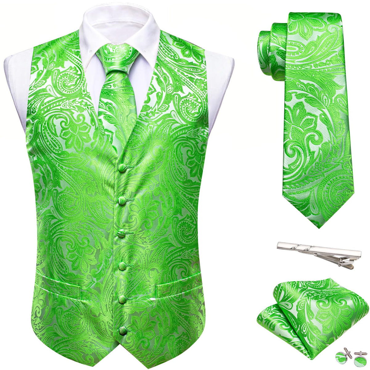 Barry.Wang Men's Suit Vest Tie Bowtie Hanky Cufflinks Clip Brooch 7PCS