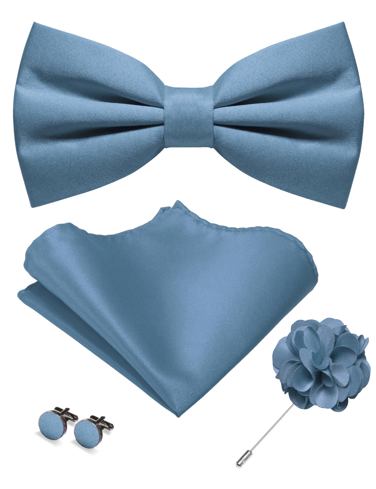JEMYGINS Solid Color Pre-tied Bow Tie and Pocket Square Cufflinks Lapel Pin Sets for Men 4PCS