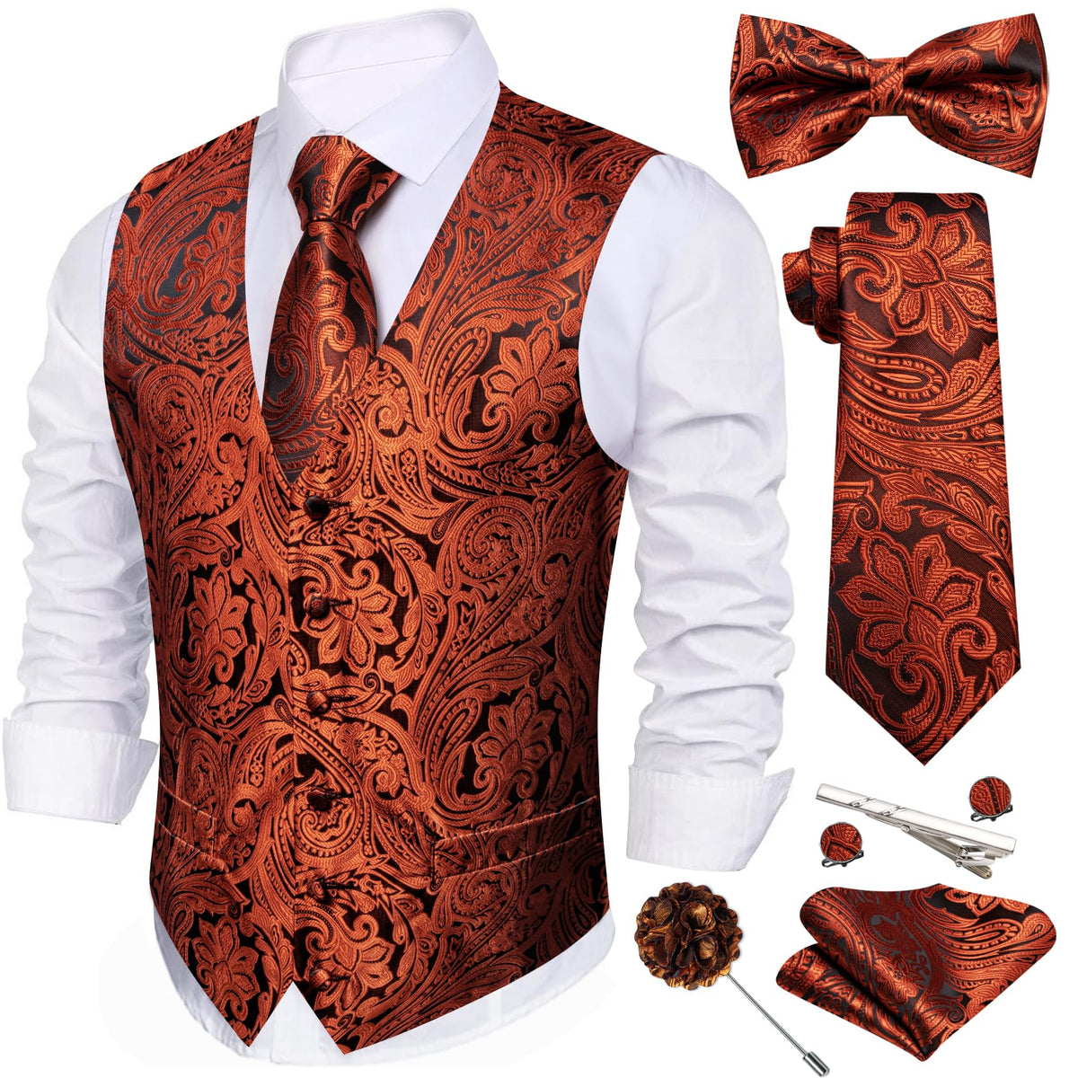 Barry.Wang Men's Suit Vest Tie Bowtie Hanky Cufflinks Clip Brooch 7PCS