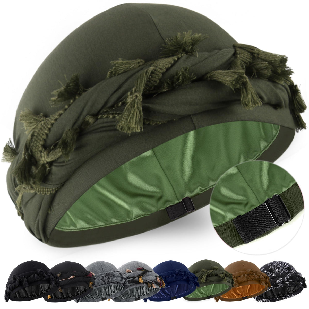 Babalet Halo Turban for Men Women Satin Lined Durag Head Wraps Skull Cap Pre-Tied Tassels Braid Beanie Vintage Twist Bonnet