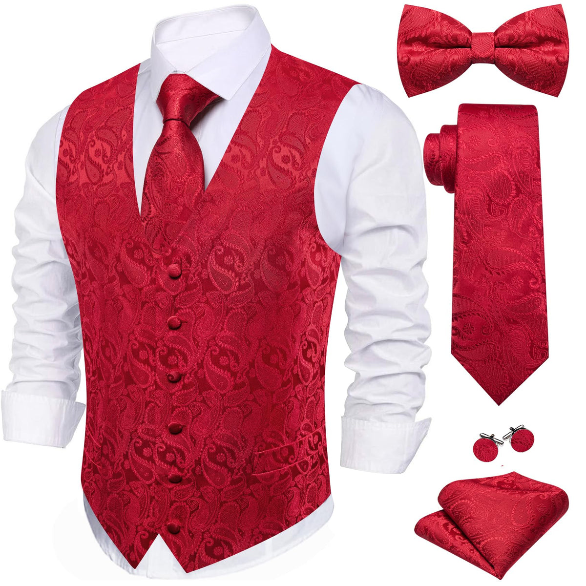 Barry.Wang Men's Suit Vest Tie Bowtie Hanky Cufflinks Clip Brooch 7PCS