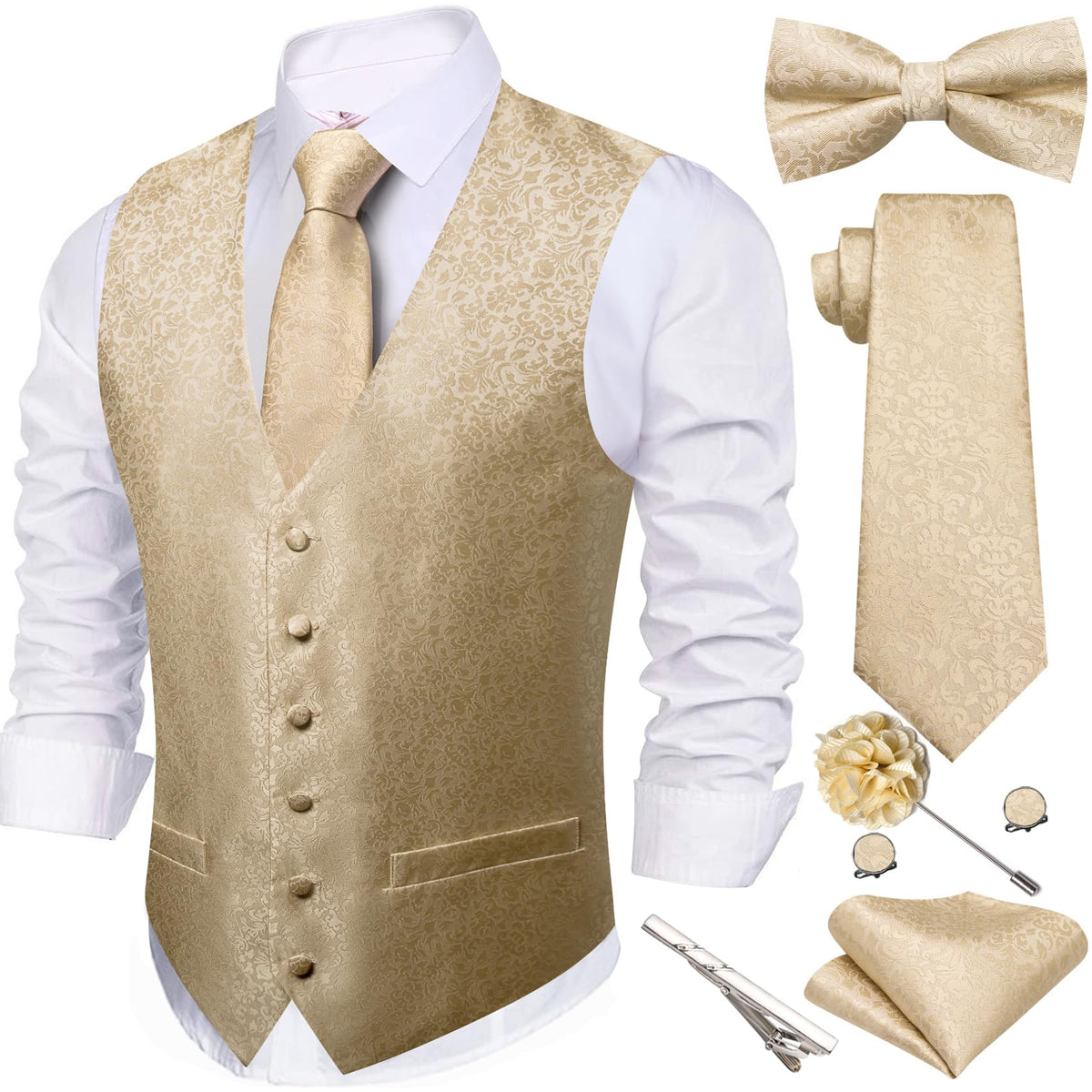 Barry.Wang Men's Suit Vest Tie Bowtie Hanky Cufflinks Clip Brooch 7PCS