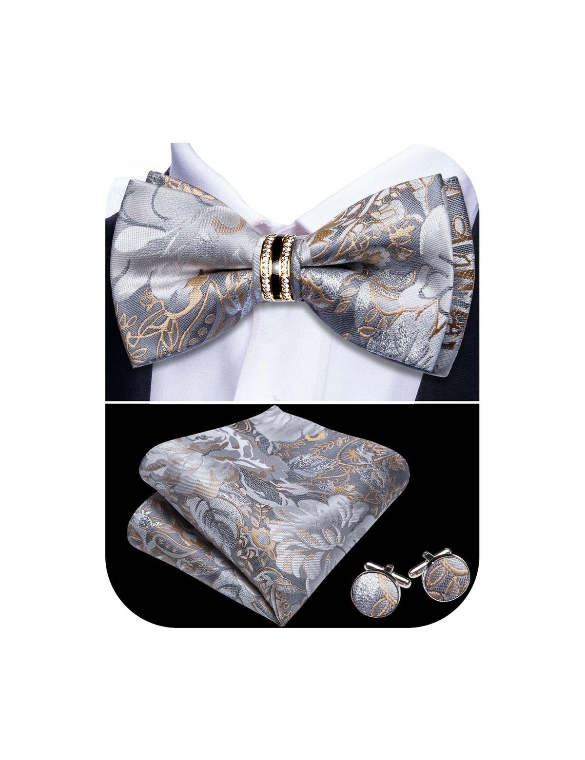YOHOWA Bow Tie Set Men Paisley Pre-tied Silk Bowties with Gold Drilled Ring