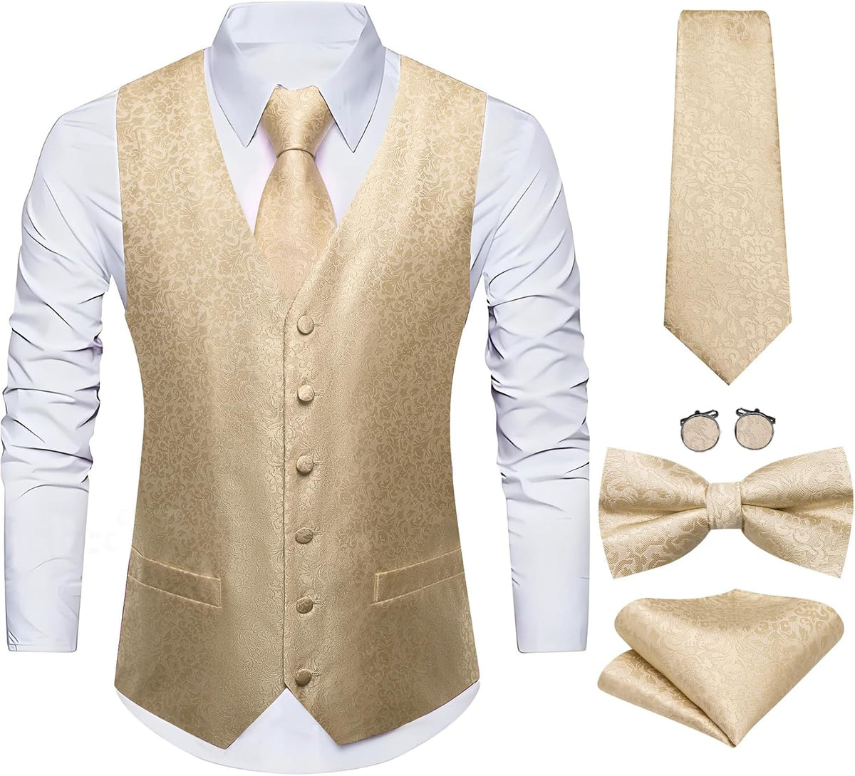 Barry.Wang Men's Suit Vest Tie Bowtie Hanky Cufflinks Clip Brooch 7PCS
