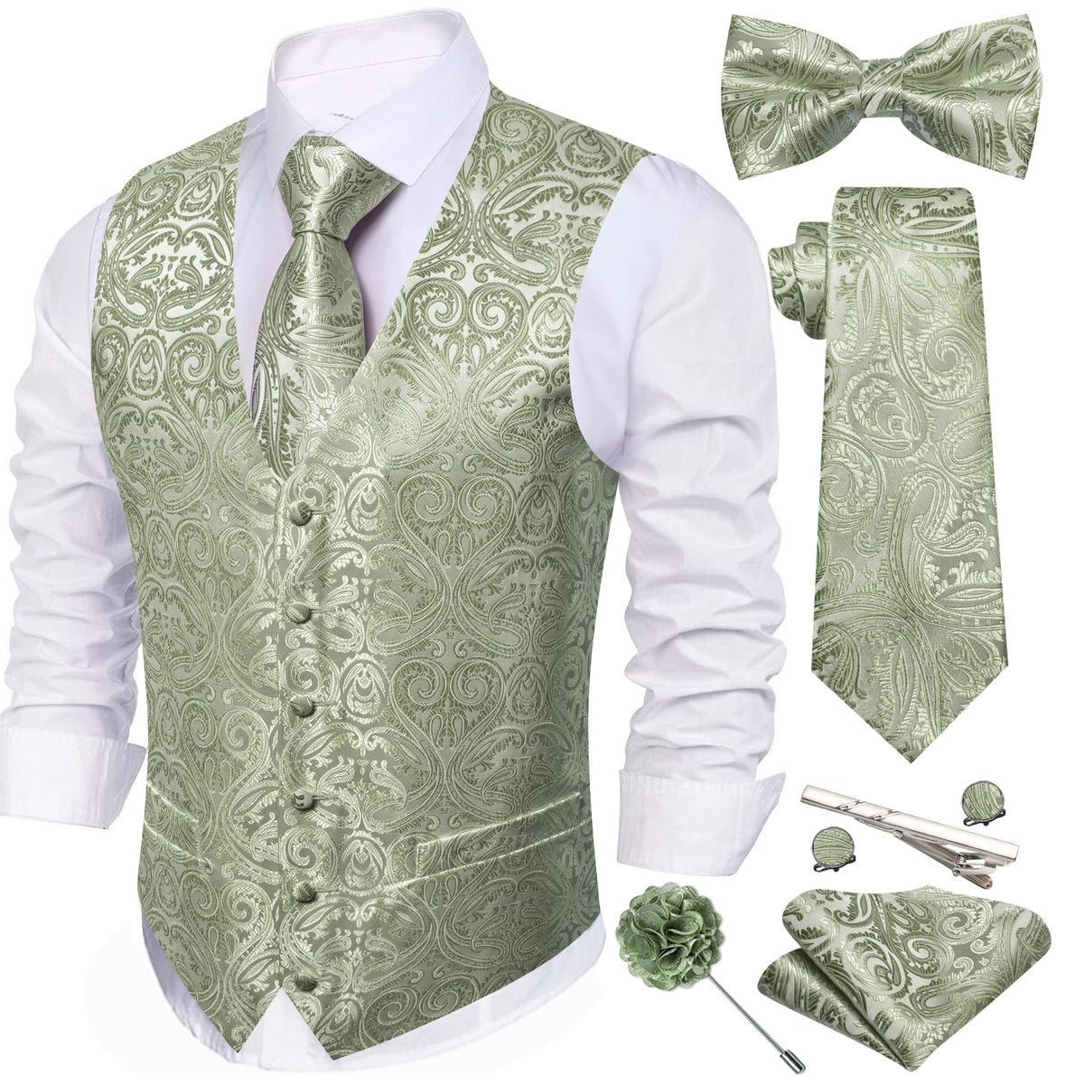 Barry.Wang Men's Suit Vest Tie Bowtie Hanky Cufflinks Clip Brooch 7PCS