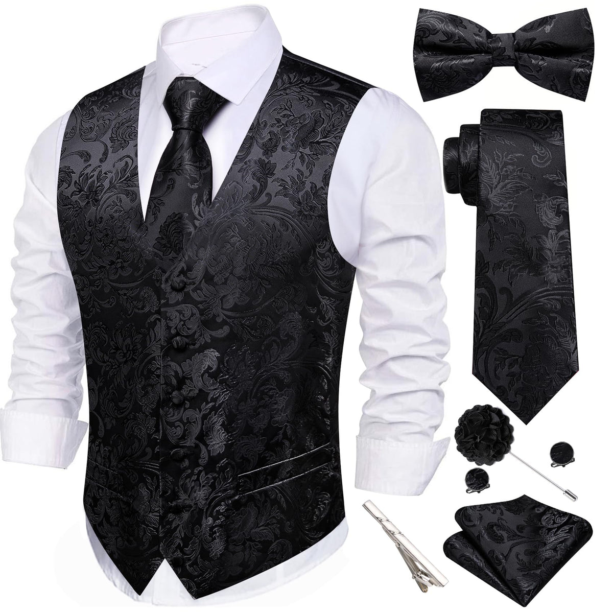 Barry.Wang Men's Suit Vest Tie Bowtie Hanky Cufflinks Clip Brooch 7PCS
