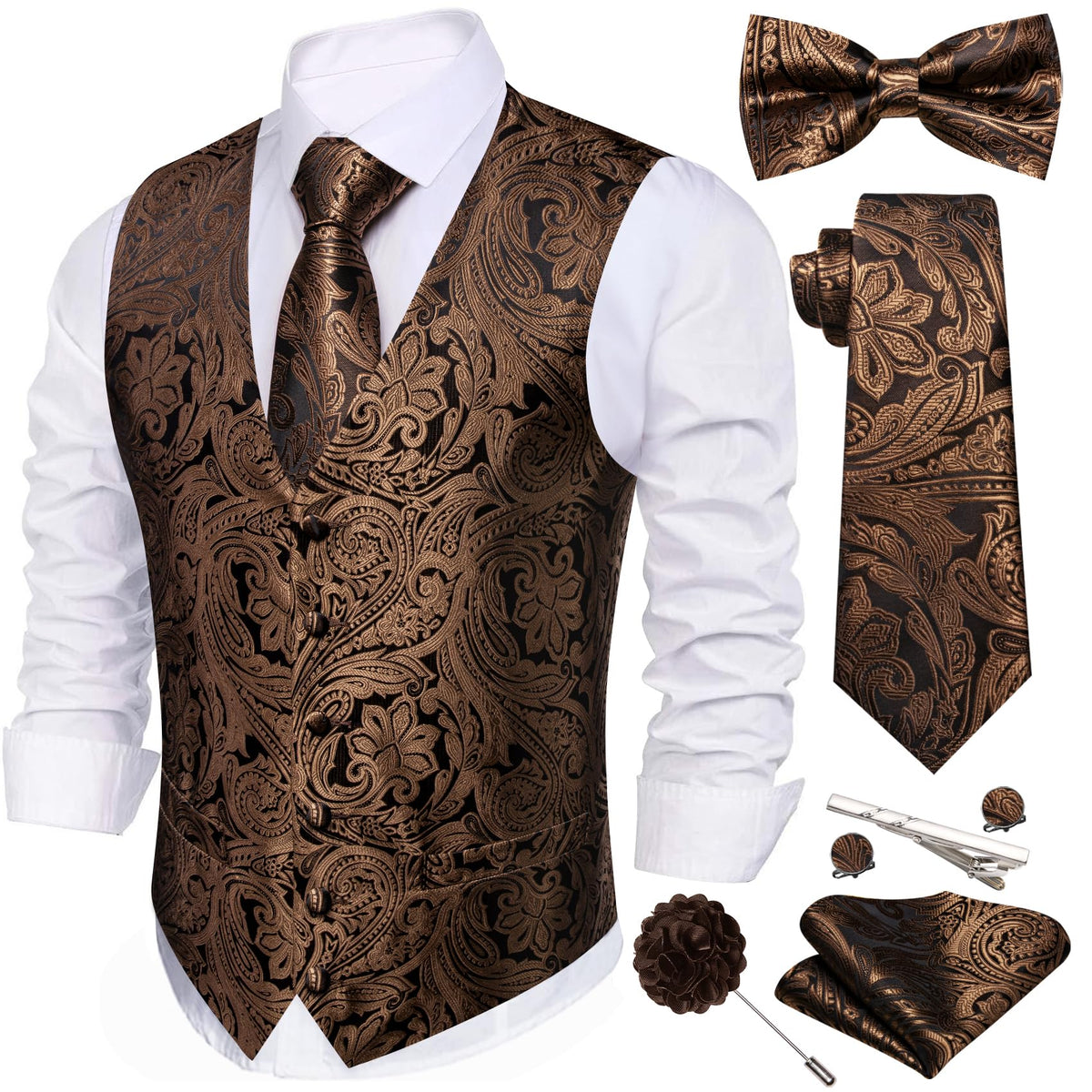 Barry.Wang Men's Suit Vest Tie Bowtie Hanky Cufflinks Clip Brooch 7PCS