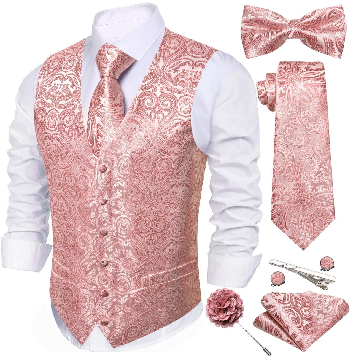 Barry.Wang Men's Suit Vest Tie Bowtie Hanky Cufflinks Clip Brooch 7PCS