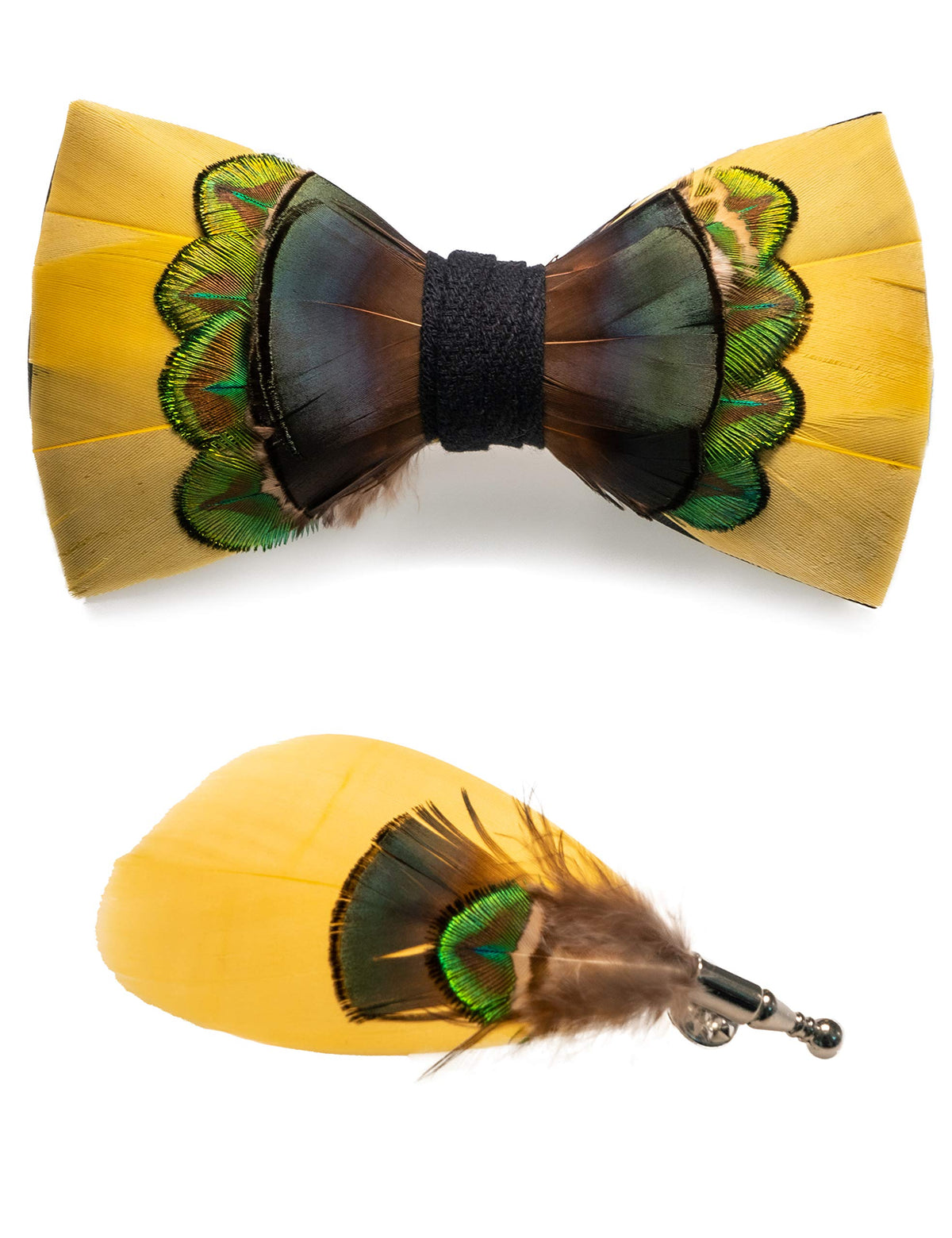 RBOCOTT Handmade Feather Pre-tied Bow tie and Brooch Sets for Men