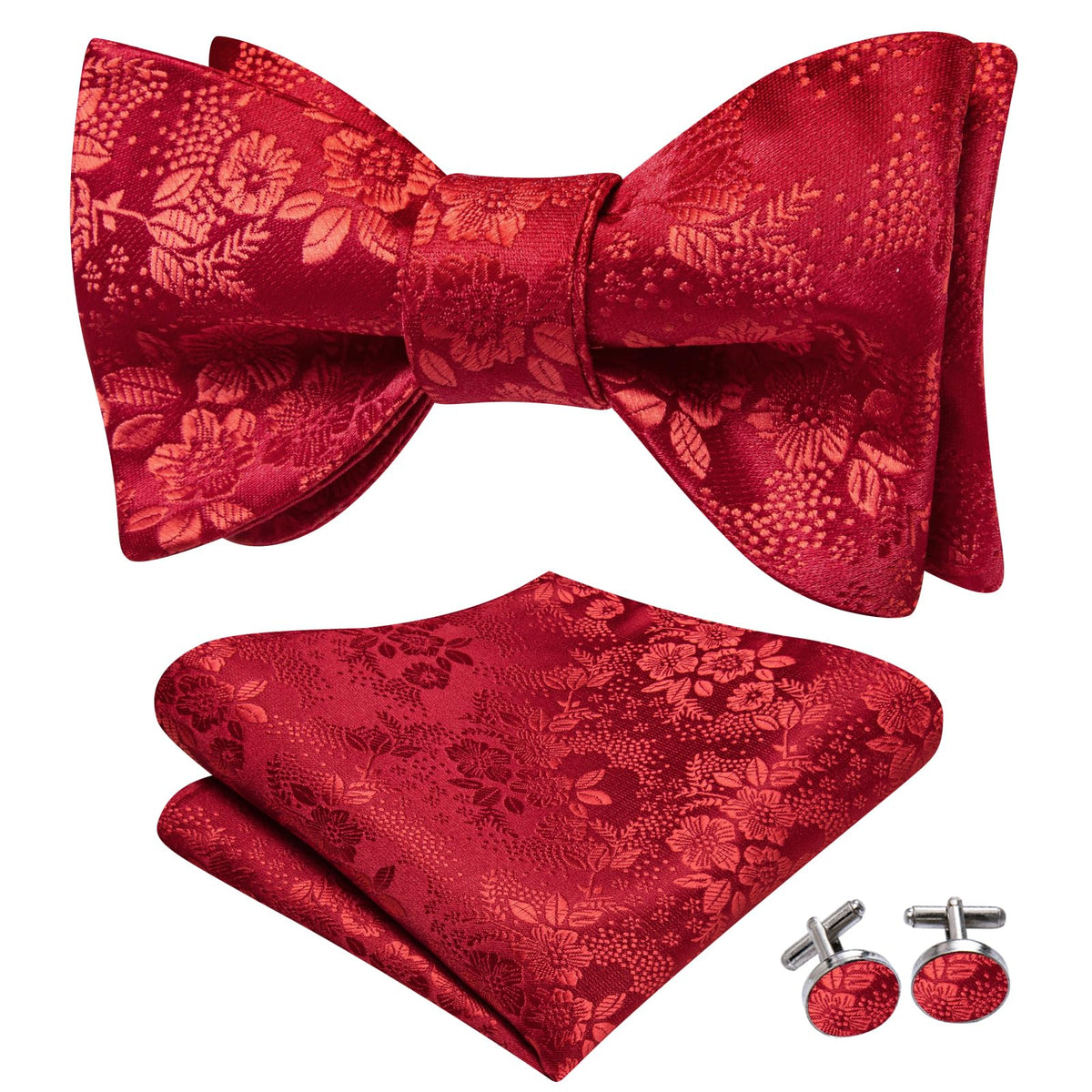 Hi-Tie Men's Silk Self-Tied Bow Tie with Pocket Square Cufflinks Set