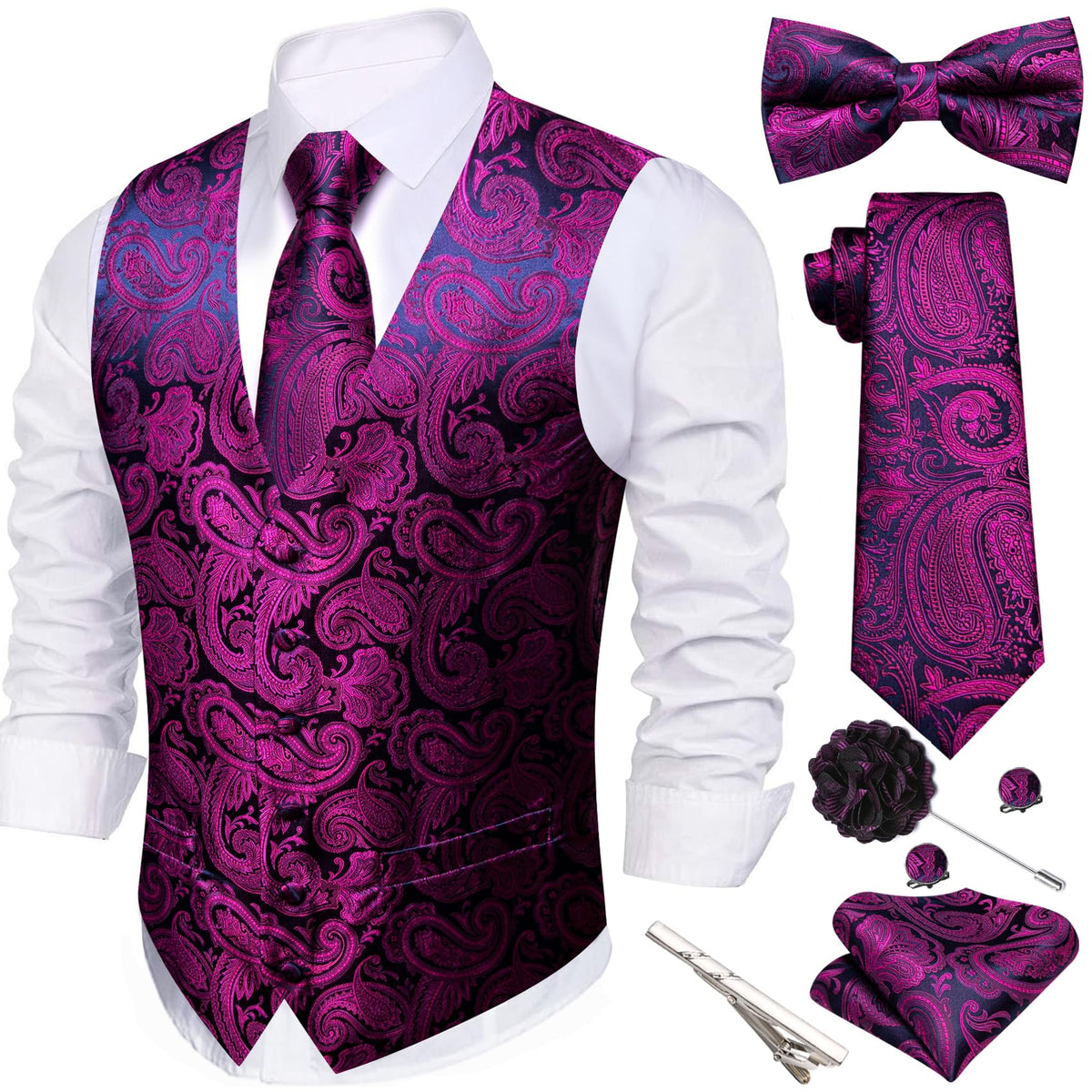Barry.Wang Men's Suit Vest Tie Bowtie Hanky Cufflinks Clip Brooch 7PCS