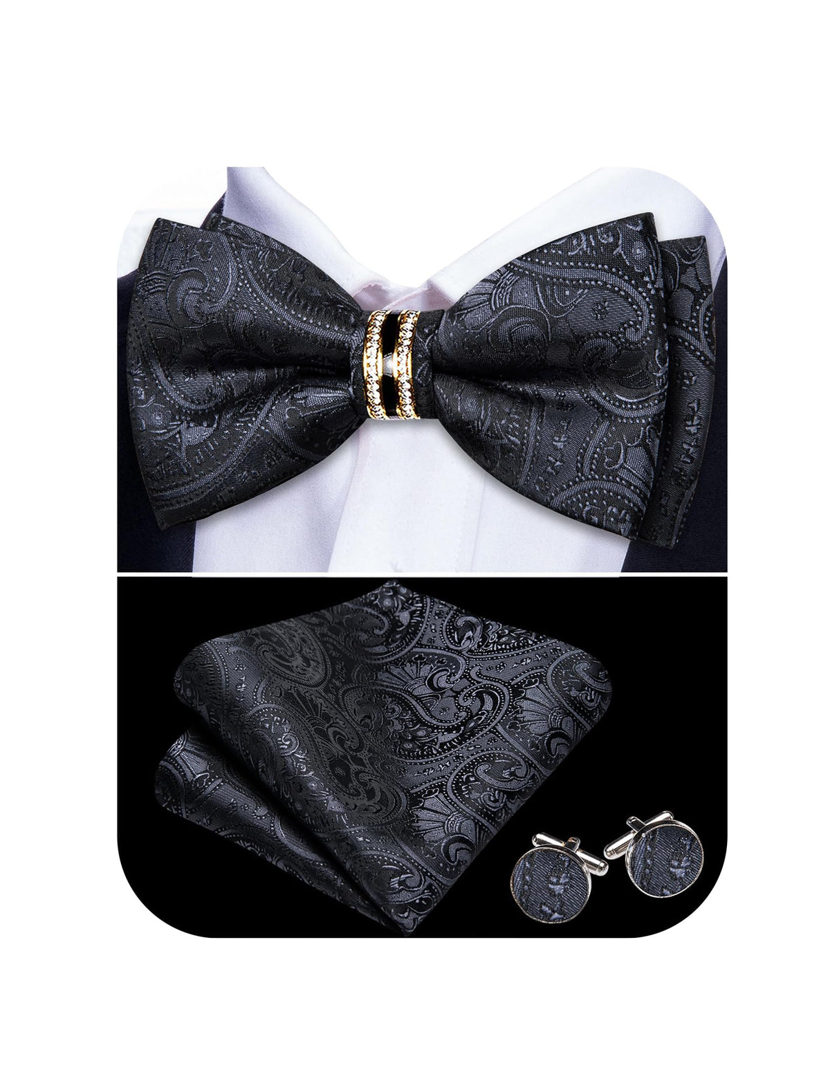 YOHOWA Bow Tie Set Men Paisley Pre-tied Silk Bowties with Gold Drilled Ring