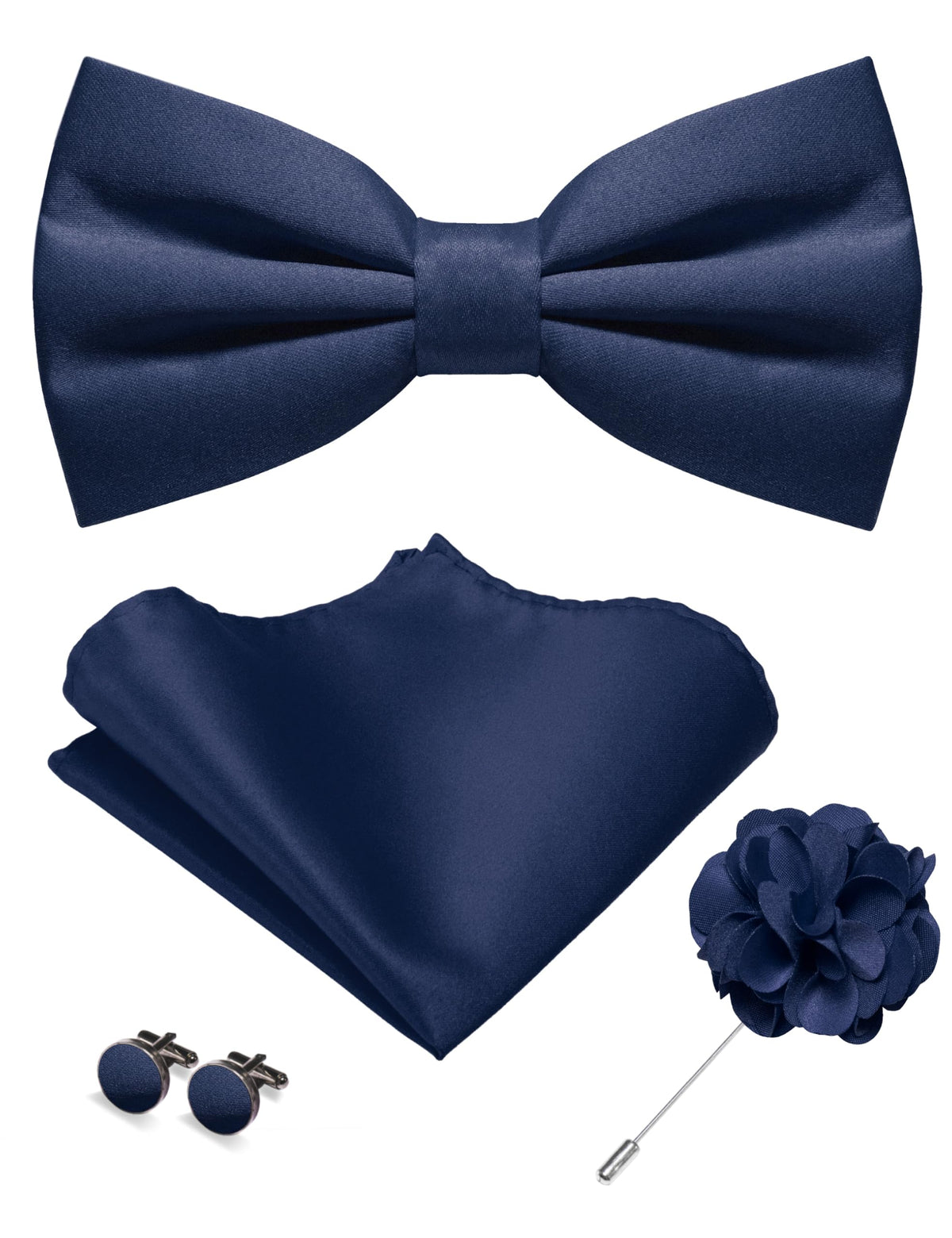 JEMYGINS Solid Color Pre-tied Bow Tie and Pocket Square Cufflinks Lapel Pin Sets for Men 4PCS
