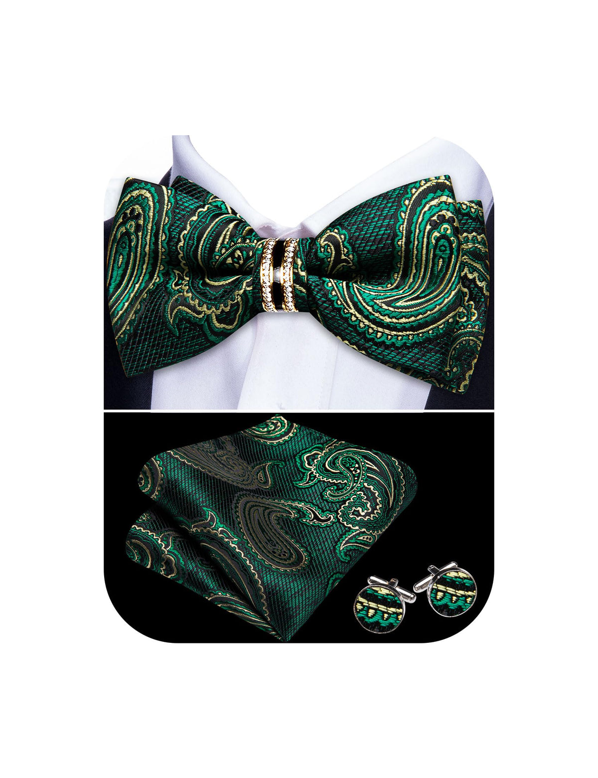 YOHOWA Bow Tie Set Men Paisley Pre-tied Silk Bowties with Gold Drilled Ring
