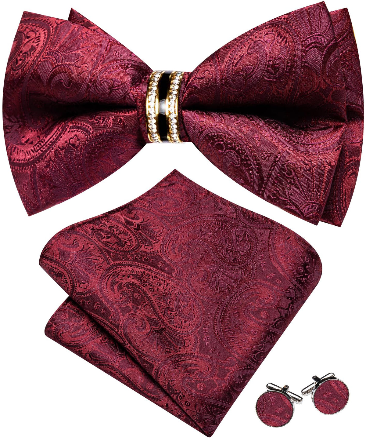 YOHOWA Bow Tie Set Men Paisley Pre-tied Silk Bowties with Gold Drilled Ring