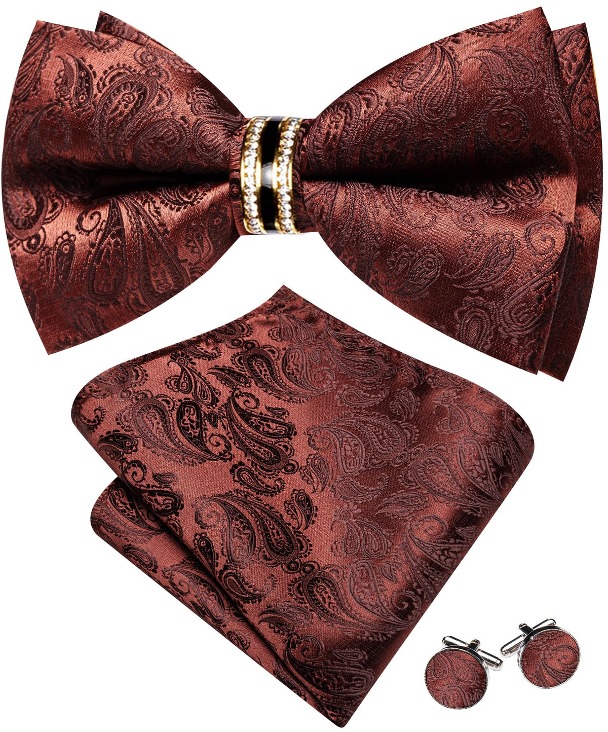 YOHOWA Bow Tie Set Men Paisley Pre-tied Silk Bowties with Gold Drilled Ring